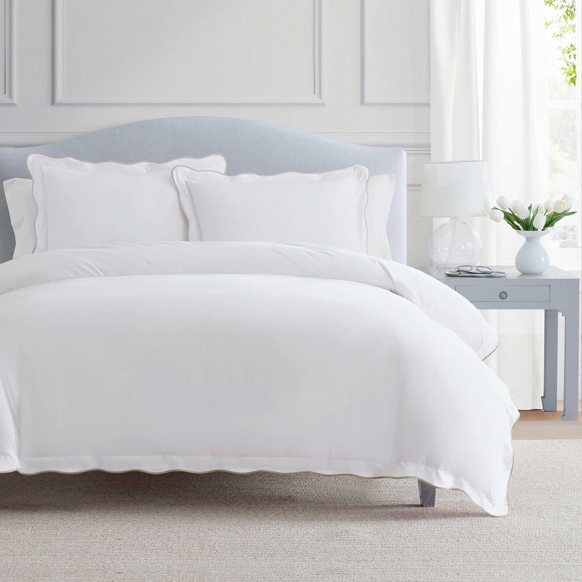 Martha Stewart - King Duvet Cover Set, 100% Soft Cotton Bed Set with a Smooth Cotton Percale Reverse, 3 Piece Bedding with Matching Pillowcases (Simple Scallop Beige)