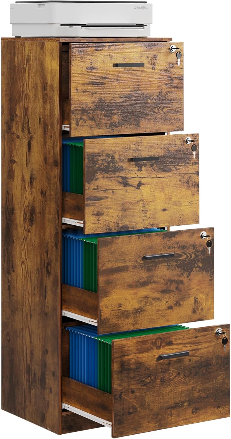 DEVAISE 4 Drawer Vertical File Cabinet, Wood Filing Cabinet with Lock, Home Office File Storage Cabinet for Letter and A4 Size, Printer Stand, Rustic Brown