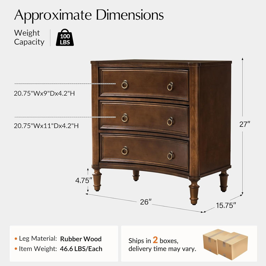 HULALA HOME 3 Drawer End Tables Set of 2 with Charging Station, 26" Wide Endtables with Solid Wood Legs and Curved Profile, Classic Side Tables for Living Room, Walnut