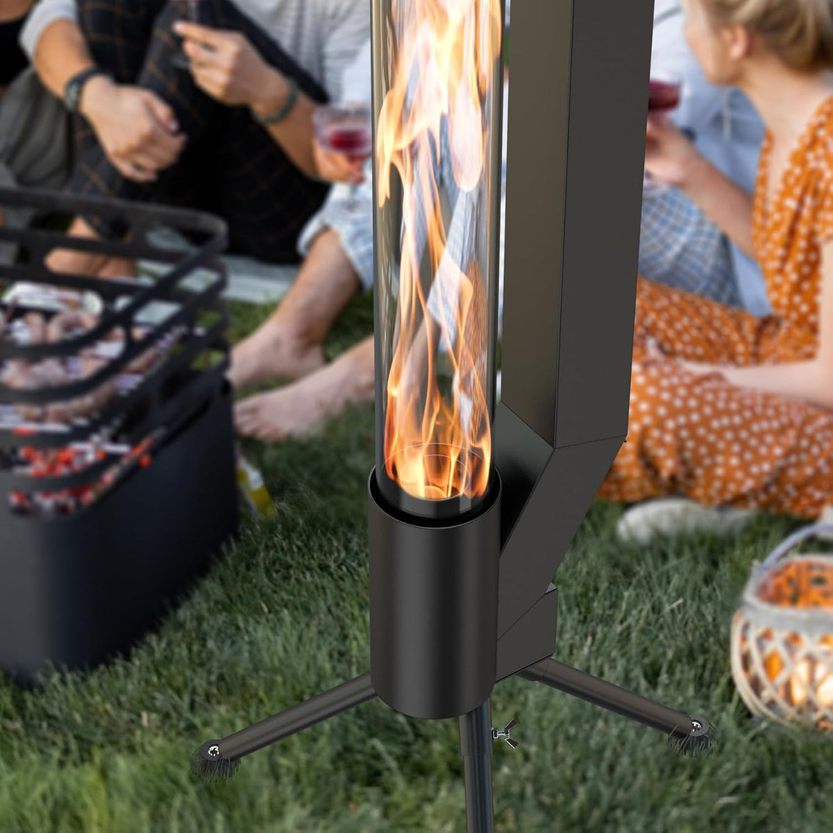 58" Wood pellet Patio Heater with Glass Tube, Portable Pellet Heater Fire Pit, Rocket Stove for Camping Backyard Porch Coffee Shop Outside Restaurant, Bonfire Party, RV, Tailgating, Beach, FP042