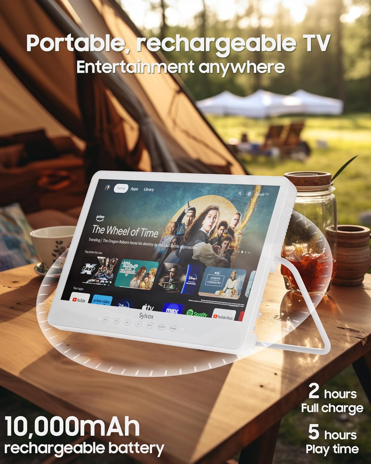 SYLVOX Waterproof Portable TV, 15.6" Shower TV 1080P Smart TVs for Bathroom, 10000mAh Rechargeable Battery Operated (4-6H Play Time), IP66 Waterproof, Voice Assistant, 360° Rotating Kickstand