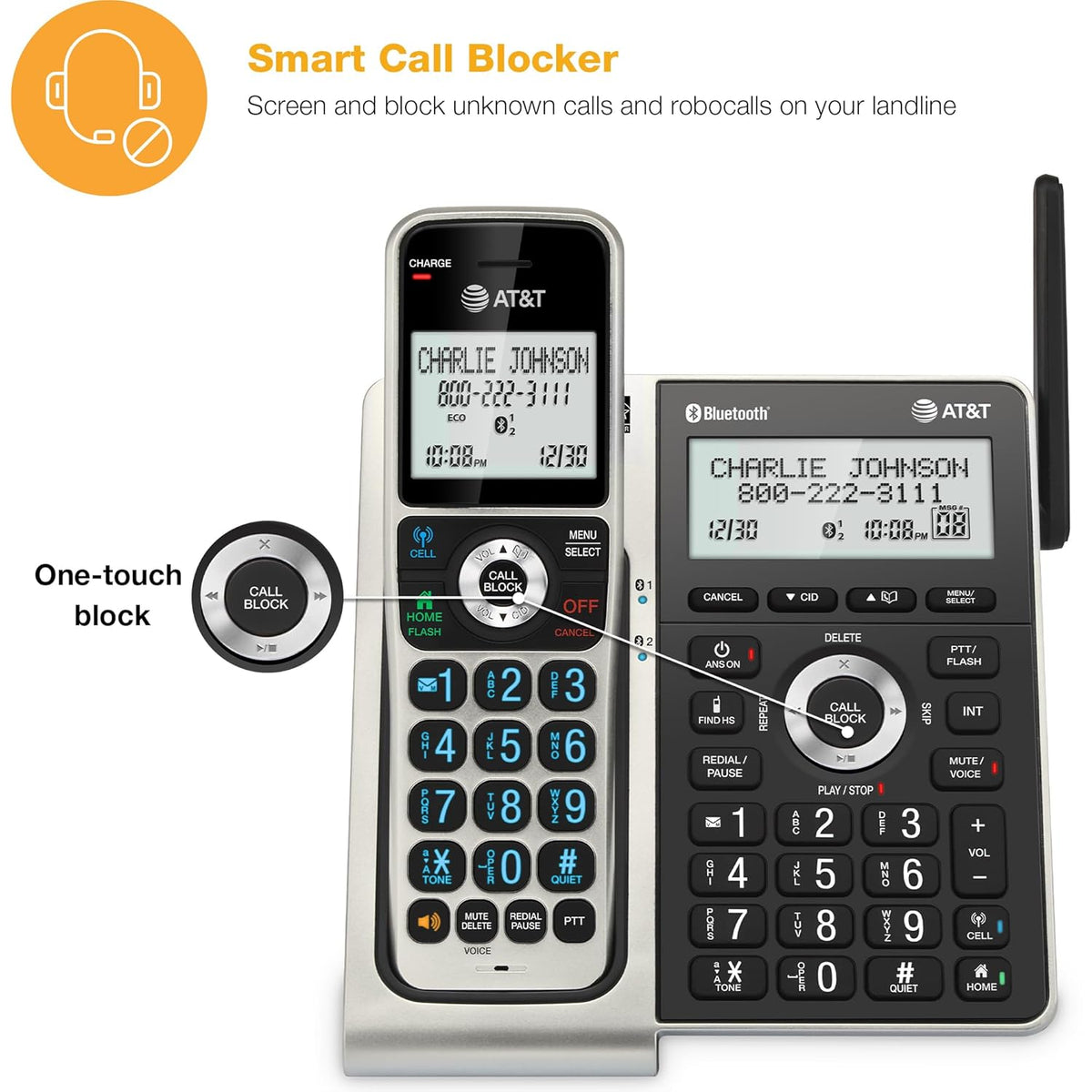 AT&T BL3107-5 DECT 6.0 5-Handset Cordless Phone with Bluetooth Connect to Cell, Smart Call Blocker, Digital Answering System, Extended Range, Big Buttons - Titanium Black