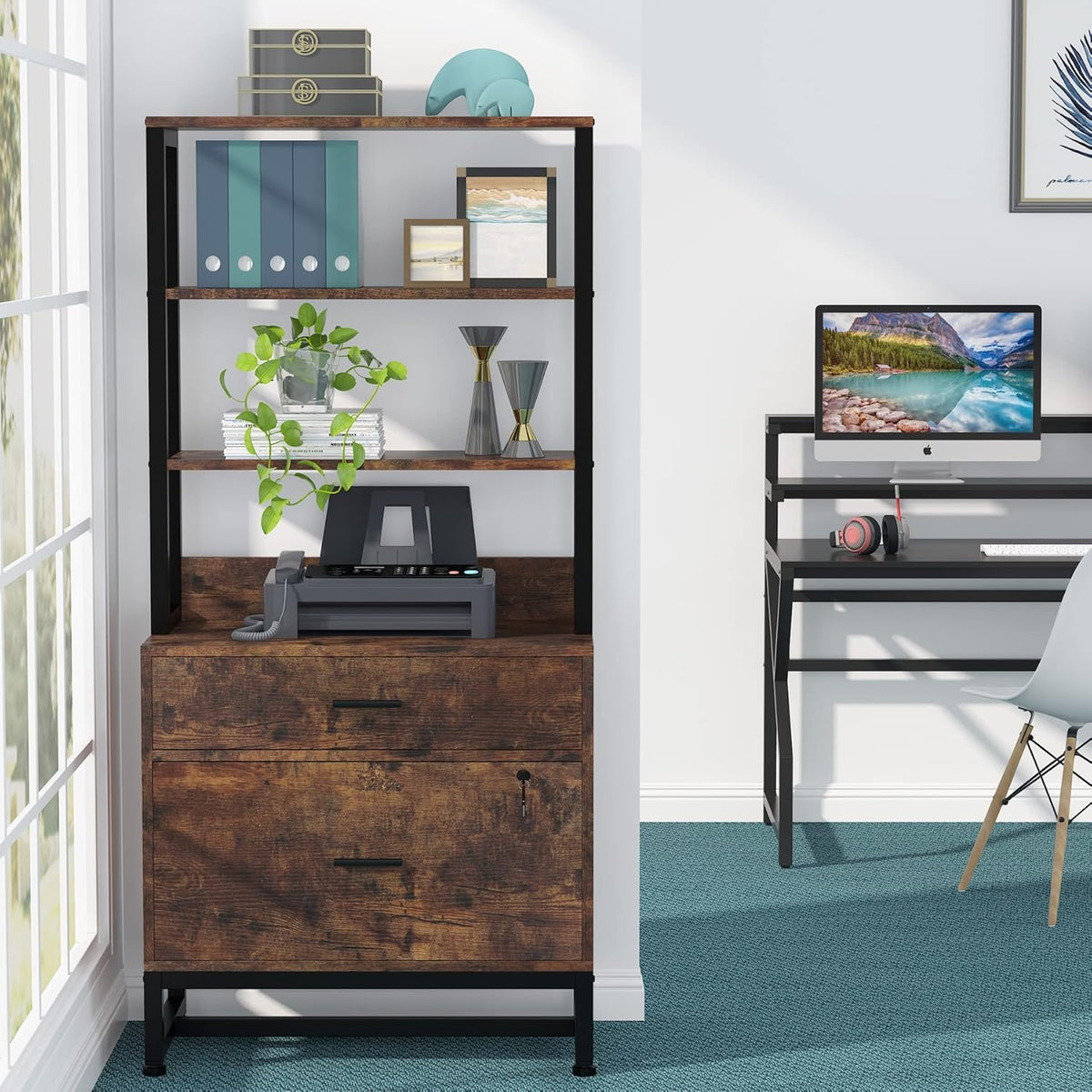 Tribesigns 2 Drawer Lateral File Cabinet with Lock, Letter Size Large Modern Filing Cabinet Printer Stand with Open Storage Shelves for Home Office, Dark Brown