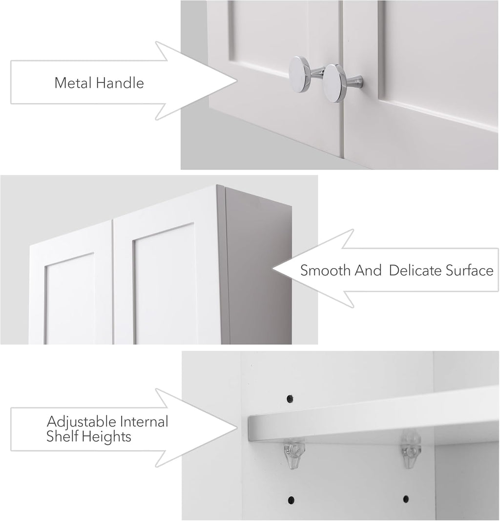 VANIRROR White Wall Mount Cabinet, MDF Over the Toilet Storage Cabinet with Adjustable Shelves, Space Saver 2 Door Medicine Cabinet for Bathroom Laundry Kitchen, 19x 27in, No Paint Odor
