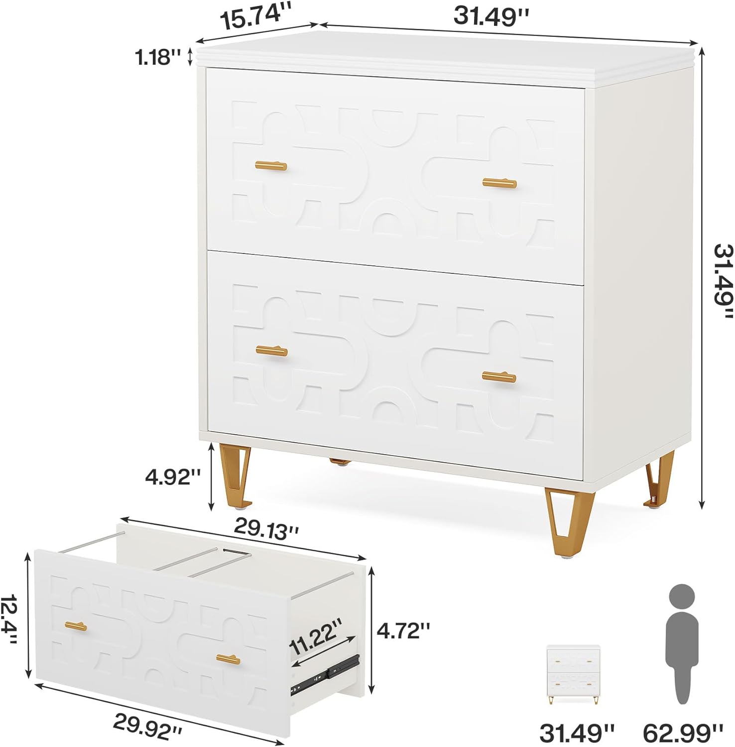 Tribesigns 2-Drawer Lateral File Cabinet, Modern White Filing Cabinet for Legal/Letter/A4 Size, Large Storage Filing Cabinet Printer Stand for Home Office, Warm White and Gold