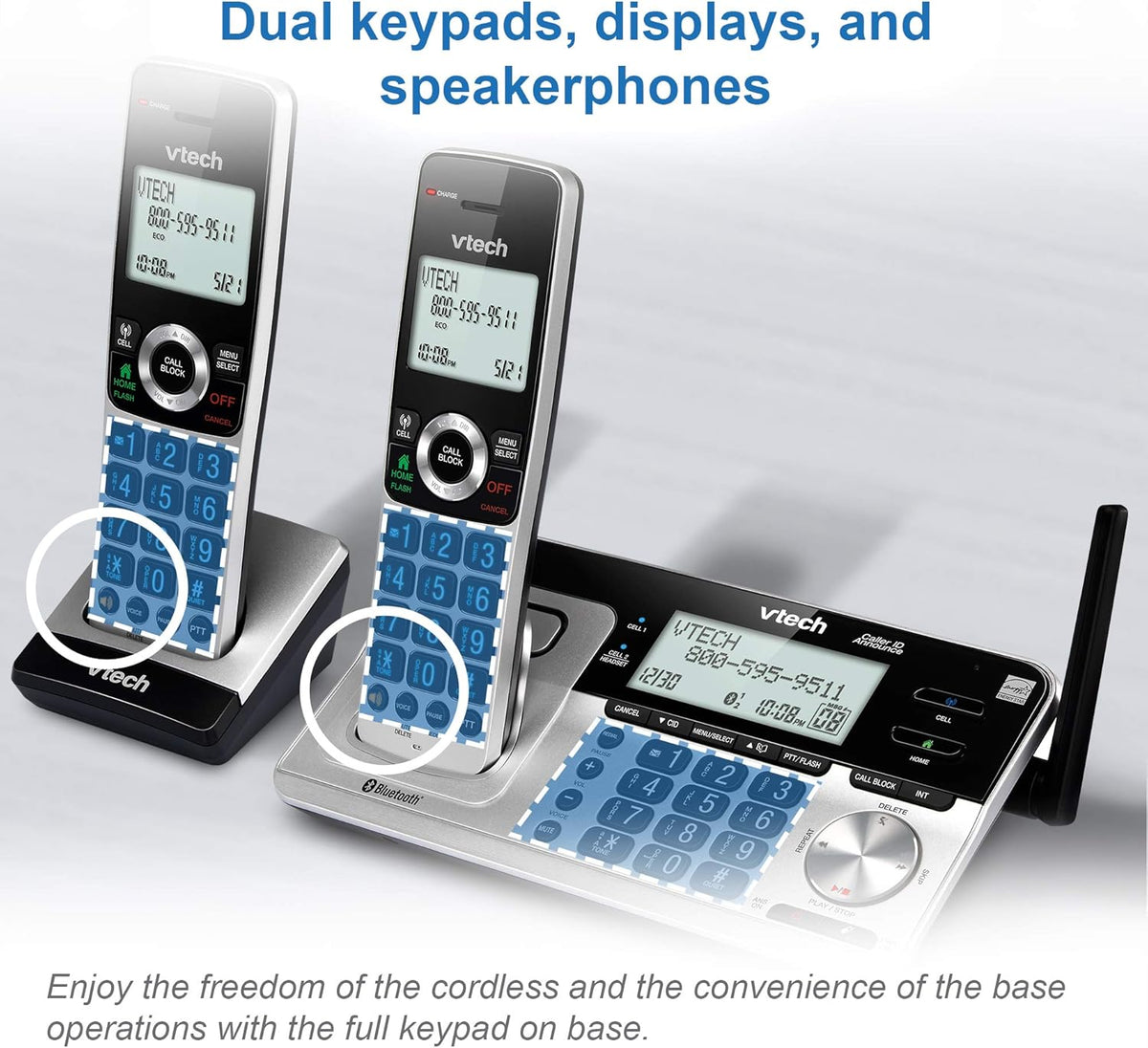 VTech VS113-5 Extended Range 5 Handset Cordless Phone for Home with Call Blocking, Connect to Cell Bluetooth, 2" Backlit Screen, Big Buttons, and Answering System, Silver & Black