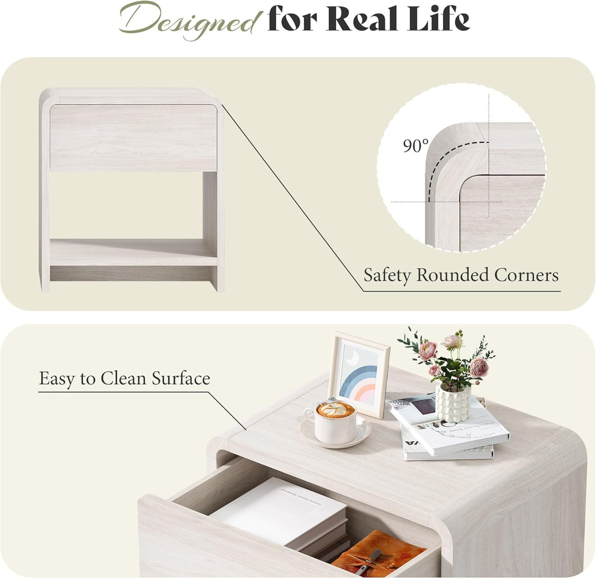 AMERLIFE Modern Night Stand Set 2 with Storage Drawer & Open Shelves, 24" Round Bedside Table Nightstand with Curved Top Corners for Bedroom Living Room Sofa Office, End Table for Small Spaces, White