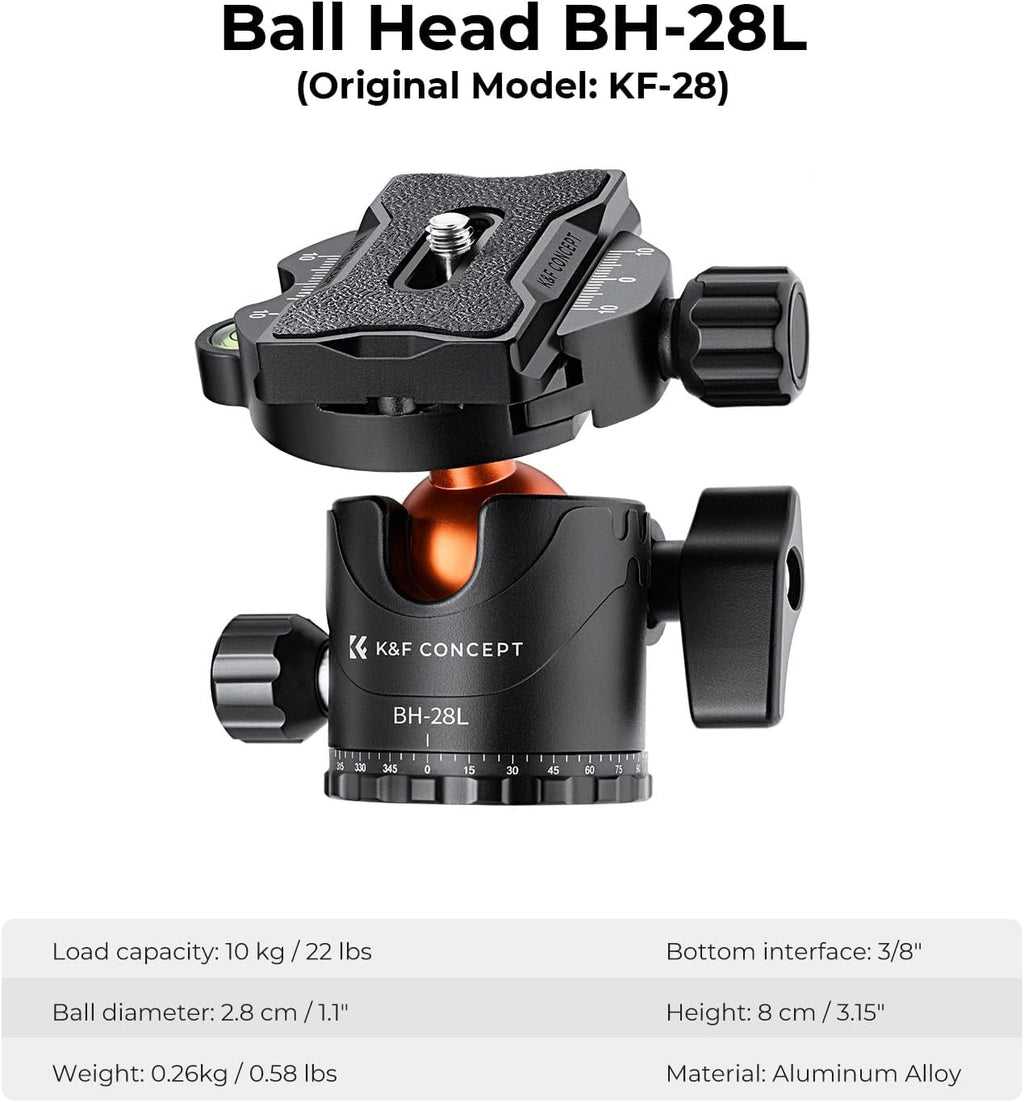 K&F Concept 67 inch Camera Tripod Horizontal Aluminum Tripods Portable Monopod with 360 Degree Ball Head Quick Release Plate for DSLR Cameras T255A4+BH-28L (TM2515T1)