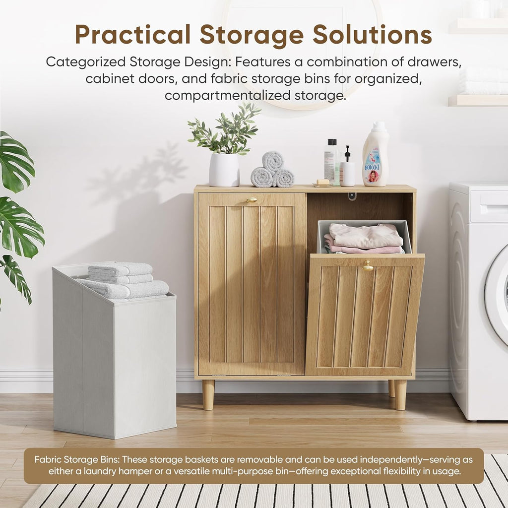 Double Tilt Out Laundry Cabinet,Natural Oak Fluted Finish, Smooth Tilt-Out Hidden Storage, Multi-Functional Organizer for Laundry Room Bathroom Kitchen Utility Space