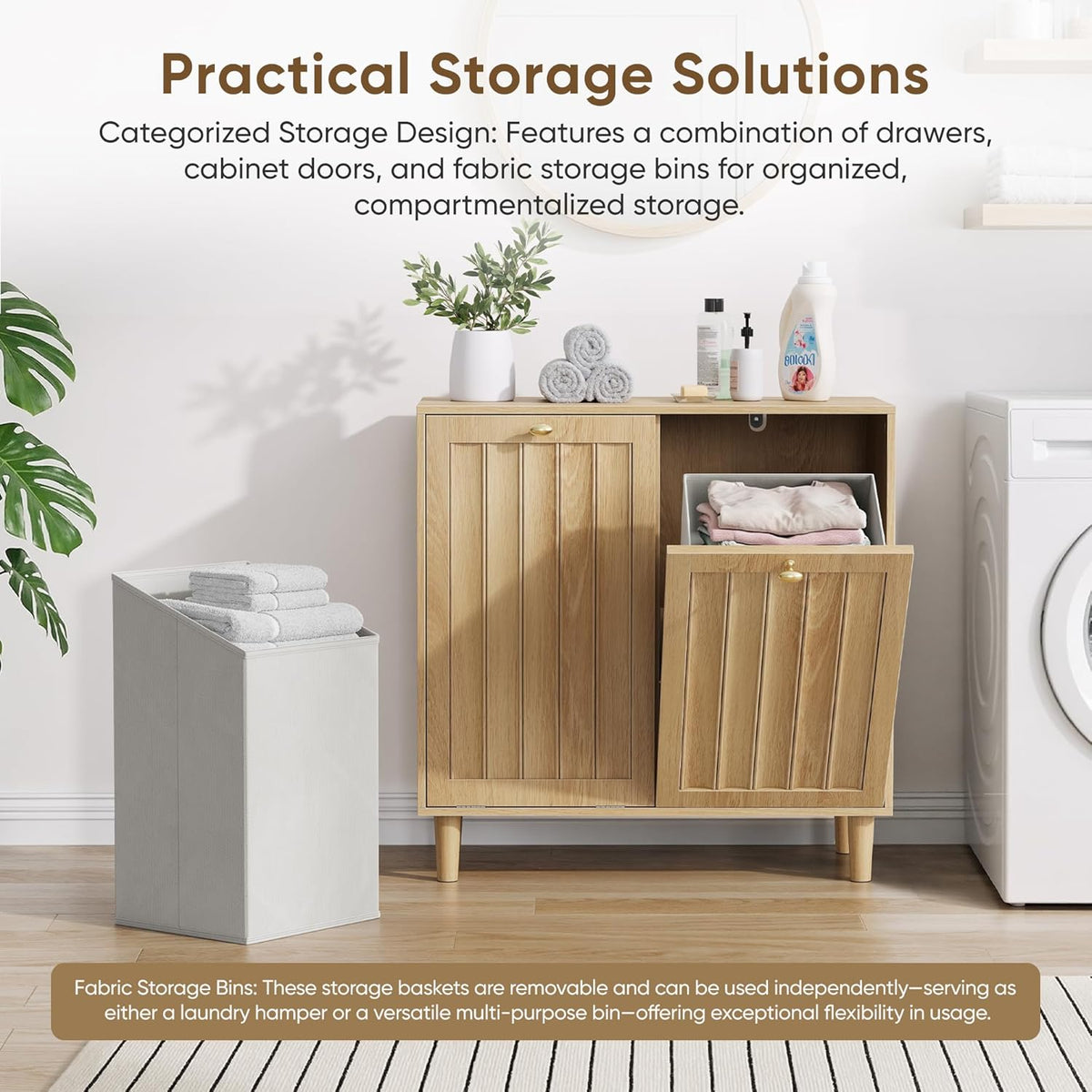Double Tilt Out Laundry Cabinet,Natural Oak Fluted Finish, Smooth Tilt-Out Hidden Storage, Multi-Functional Organizer for Laundry Room Bathroom Kitchen Utility Space