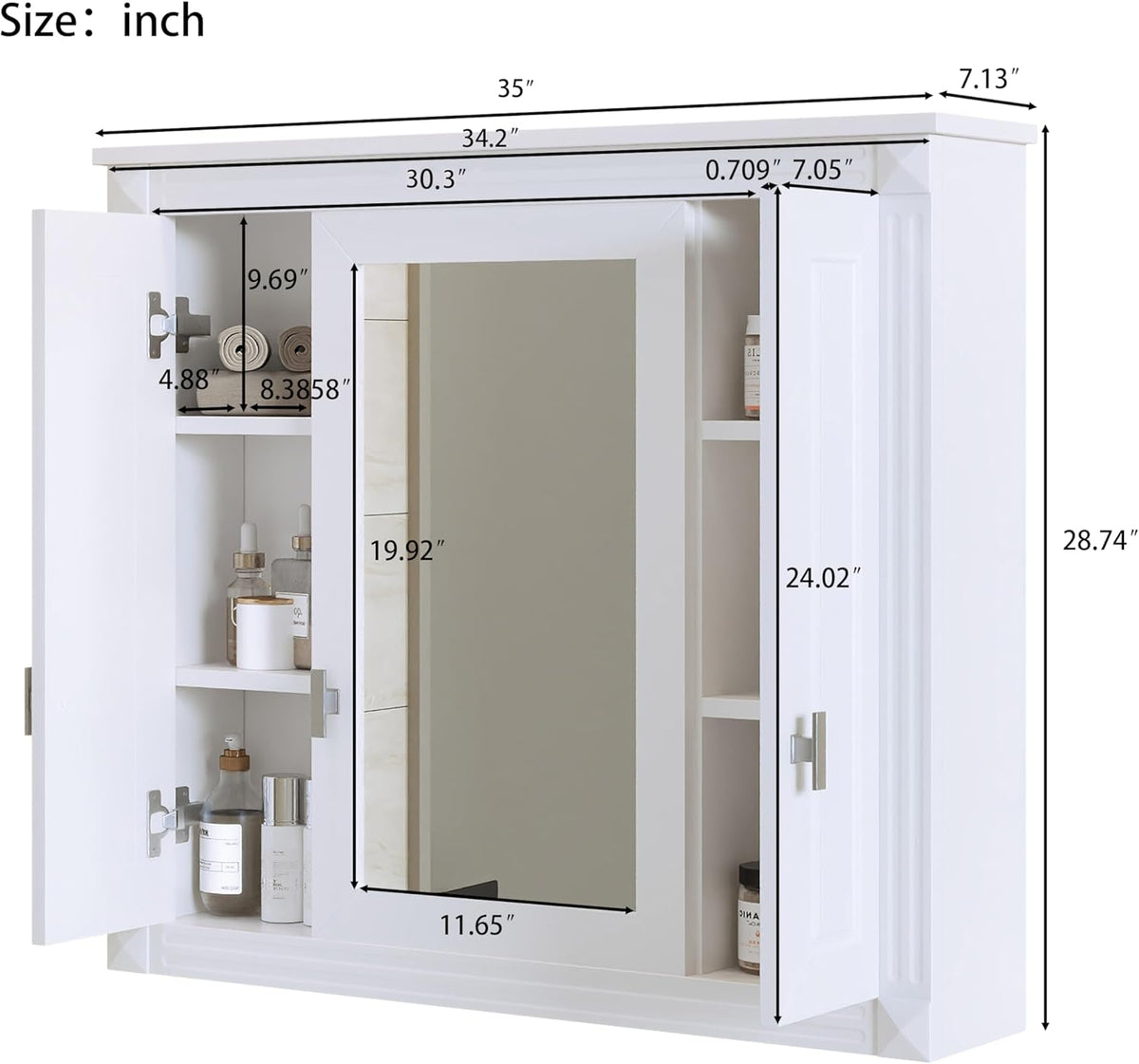 Merax Wall Mounted Bathroom Medicine Cabinet with Mirror, Bathroom Wall Cabinet with Doors and Shelves, 35" x 29" Mirrored Door Over Toilet Storage Cabinet, White