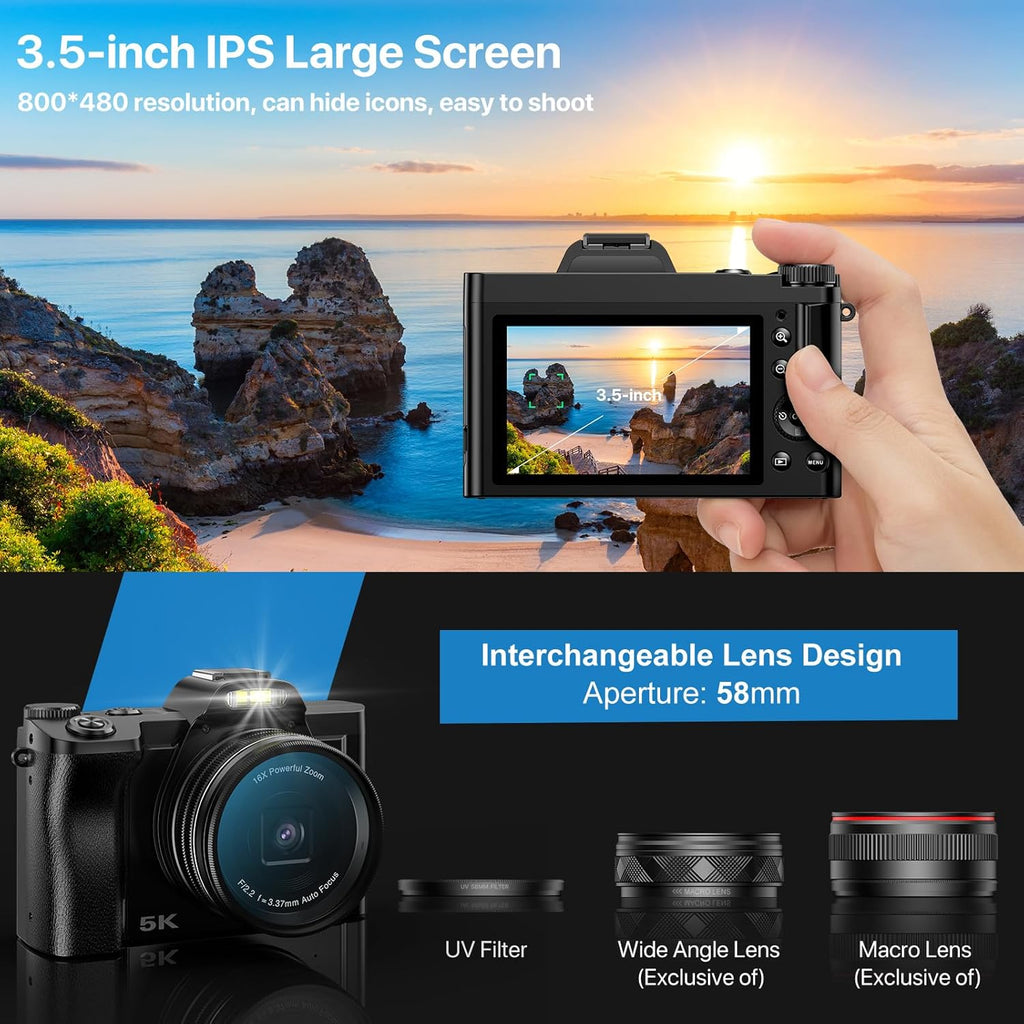5K Digital Camera WiFi Autofocus Vlogging Camera for YouTube 48MP Camera for Photography and Video, 3.5" Screen Travel Cameras with UV Filter, Anti-Shake,16X Digital Zoom,32GB SD Card,2 Batteries