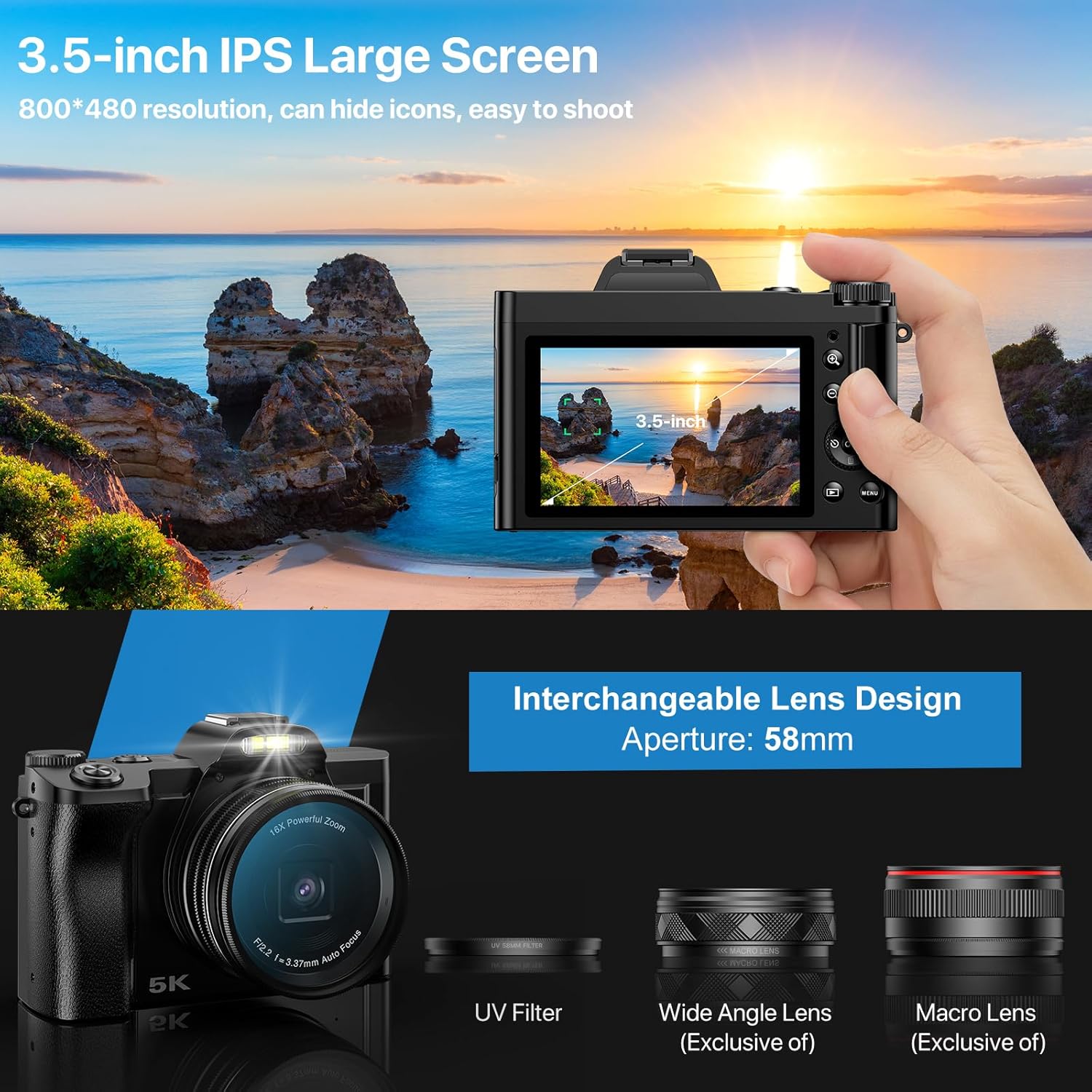 5K Digital Camera WiFi Autofocus Vlogging Camera for YouTube 48MP Camera for Photography and Video, 3.5" Screen Travel Cameras with UV Filter, Anti-Shake,16X Digital Zoom,32GB SD Card,2 Batteries