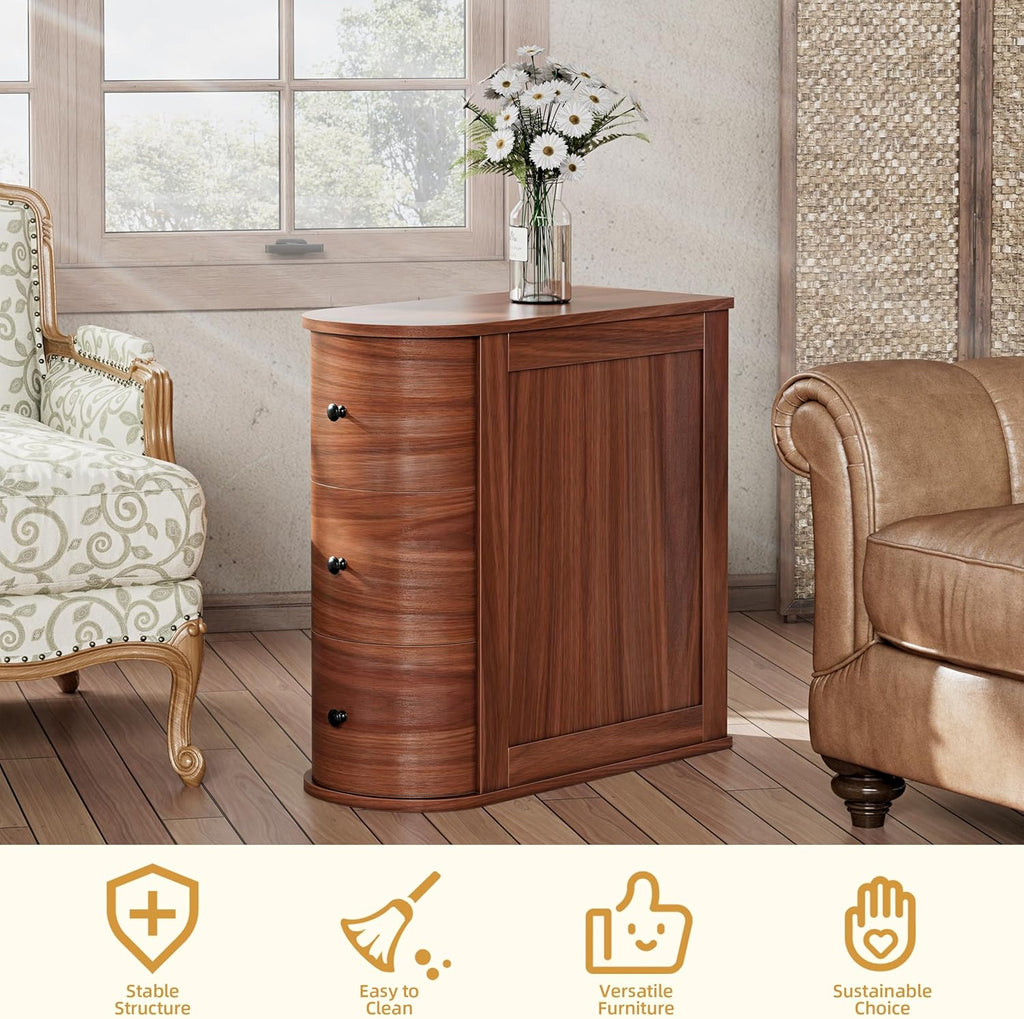 Shintenchi Vintage Nightstand Set of 2, Solid Wood End Table with 3 Drawers, Skinny Antique Nightstand, Rustic Narrow Night Stands Set of 2,Narrow Bedside Table Set of 2 for Living Room Bedroom,Walnut