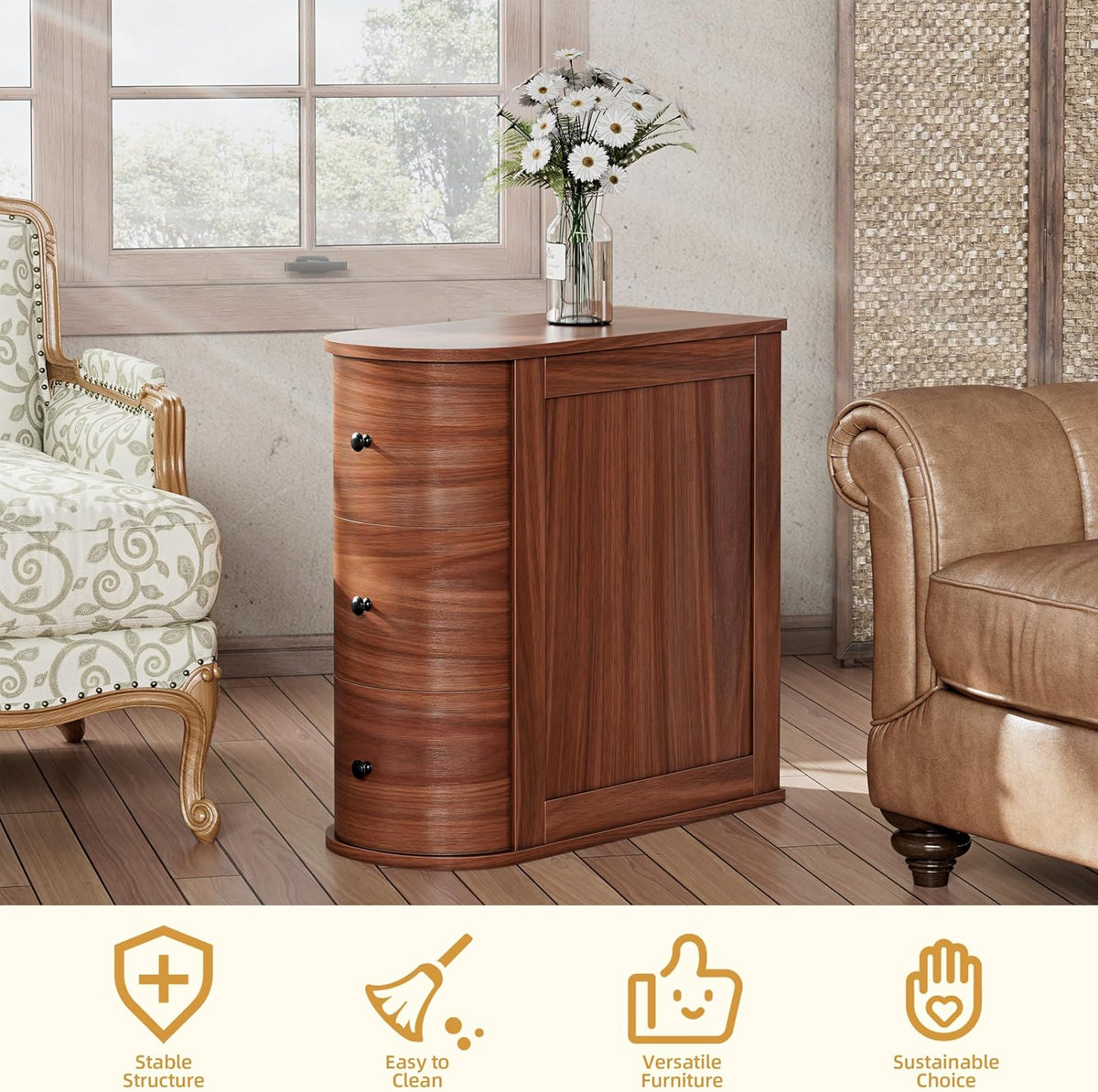 Shintenchi Vintage Nightstand Set of 2, Solid Wood End Table with 3 Drawers, Skinny Antique Nightstand, Rustic Narrow Night Stands Set of 2,Narrow Bedside Table Set of 2 for Living Room Bedroom,Walnut