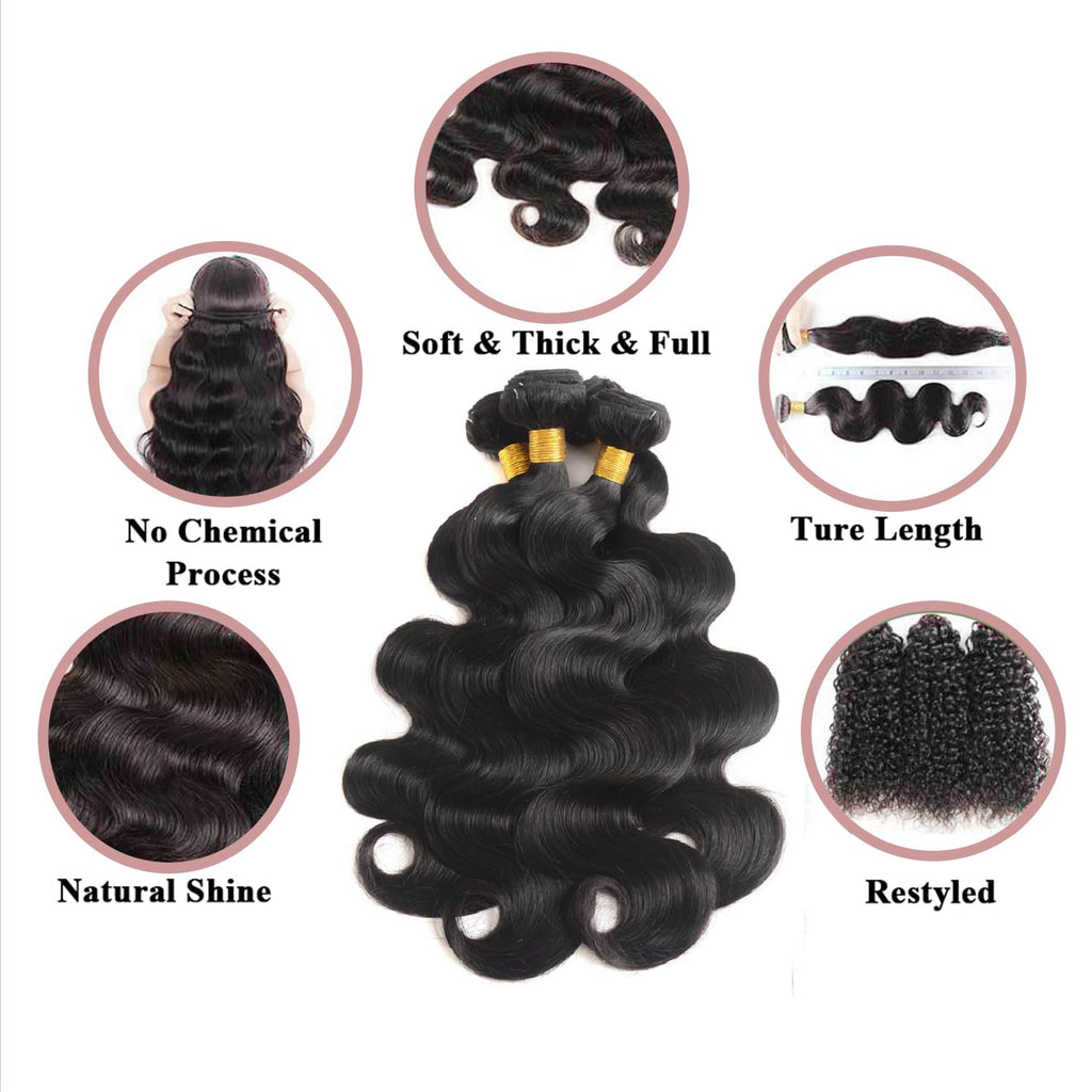 Katspon 12A Human Hair Bundles 20 22 24 26 Inch Body Wave 100% Unprocessed Brazilian Virgin Hair 4 Bundles Human Hair Extensions Quick Weave Natural Black
