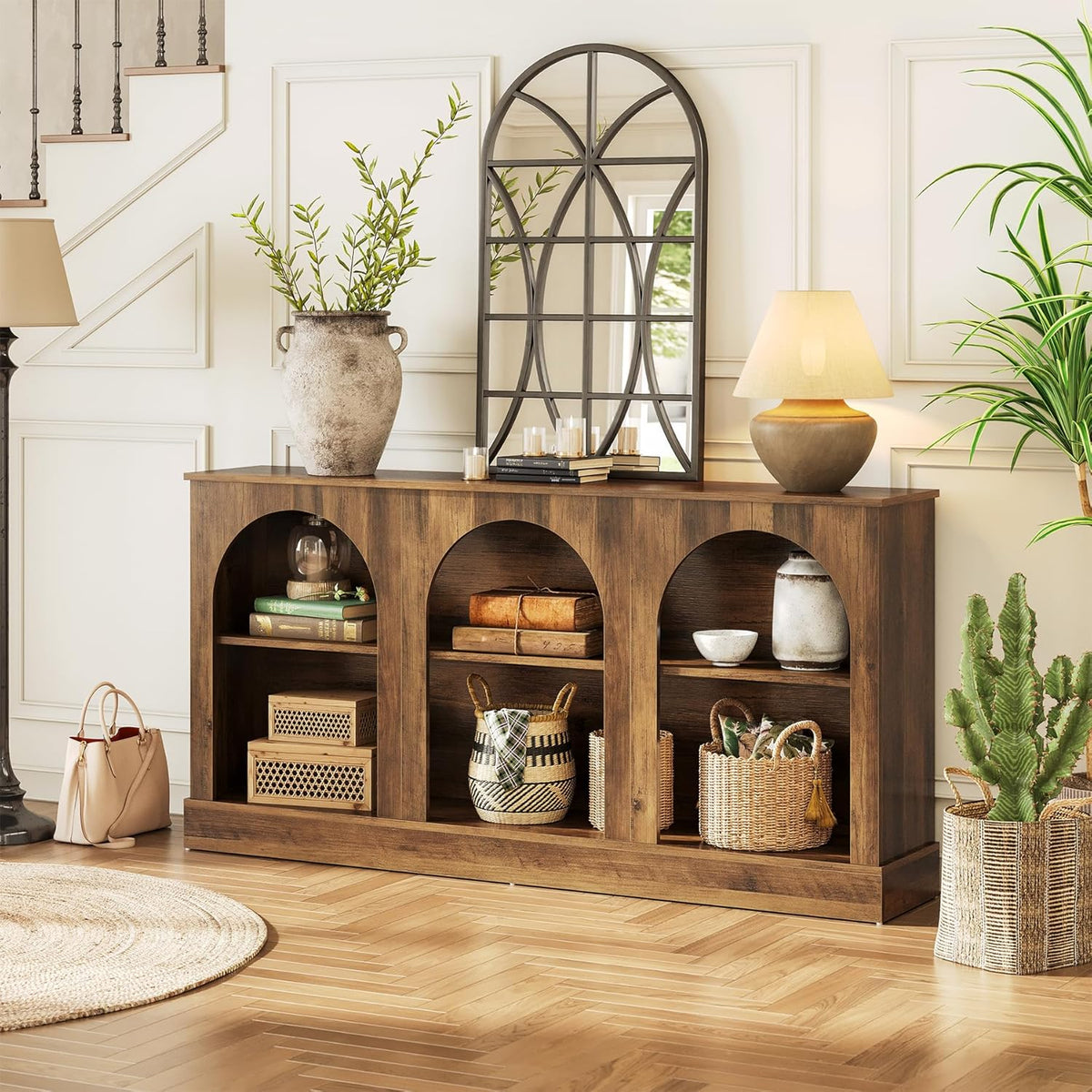 LITTLE TREE 63" Modern Console Sofa Table with 3-Tier Storage, Wooden Rectangular Foyer Table, for Entrance, Hallway, Living Room, Rustic Brown