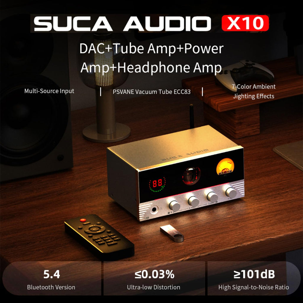 SUCA Audio X10 Tube Power Amplifier, USB/Optical/Coaxial/USB Flash Drive/RCA to AUX/Speaker DAC Amp, 2.1Channel Audio Stereo Amp Support 165W Power Output, 3.5mm Headphone Amp, Silver