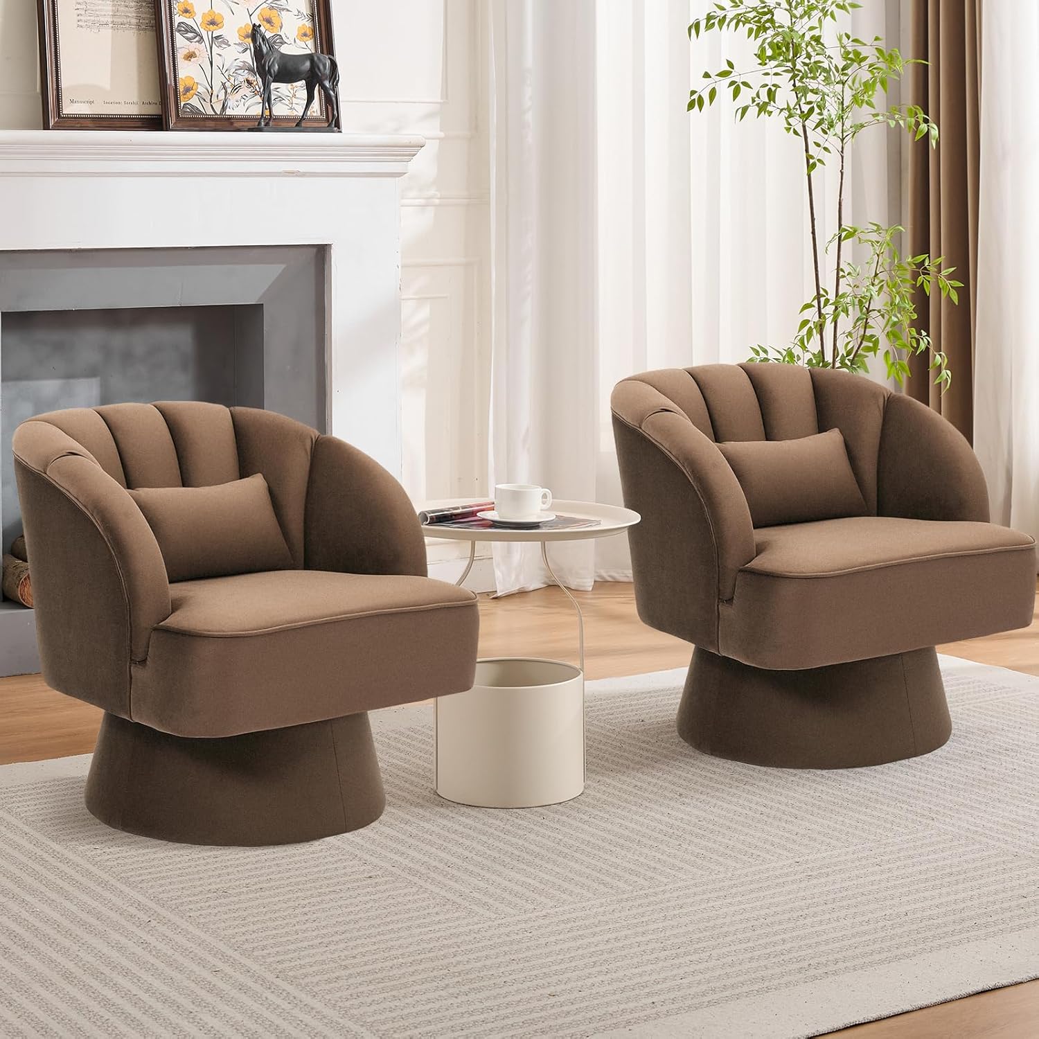 GarveeHome Modern Swivel Barrel Accent Chair, 360 Degree Velvet Upholstered Armchair with Striped Backrest & Plush Padding, Comfy Round Lounge Chair for Living Room, Bedroom, Reading Nook, Brown