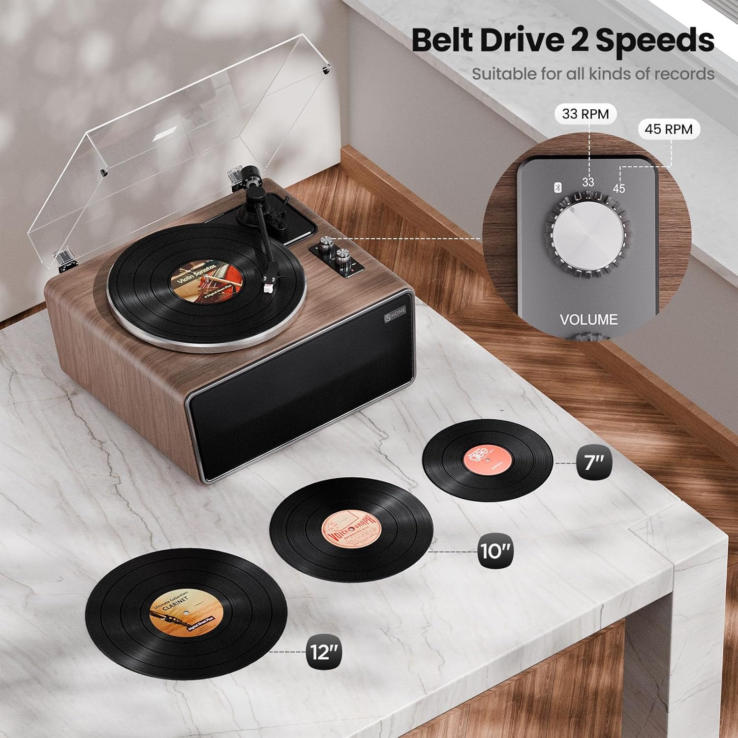 All in One Vinyl Record Player,Bluetooth Turntable Built in 4 Stereo Speakers Phono Preamp,High Fidelity Turntables for Vinyl Records with Magnetic Cartridge AT-3600L,2-Speed,33/45RPM,USB PC Recording