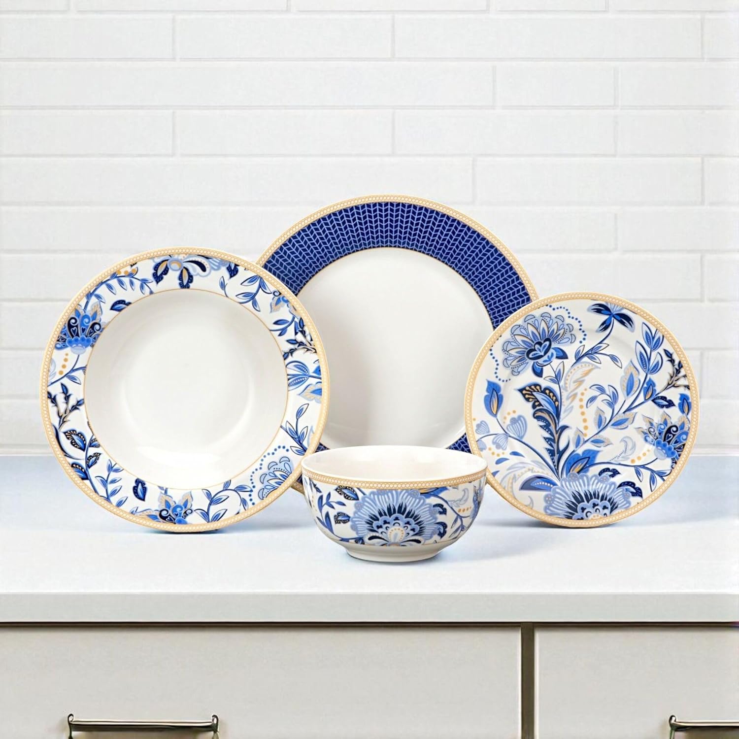 24-Piece Bone China Dinnerware Set in Gift Box, Service for 6, Porcelain Dinnerware, Tropical Dishes Set - Dinner Plates Dessert Plates Cereal Bowls Mugs (Melodie de Fleurs)