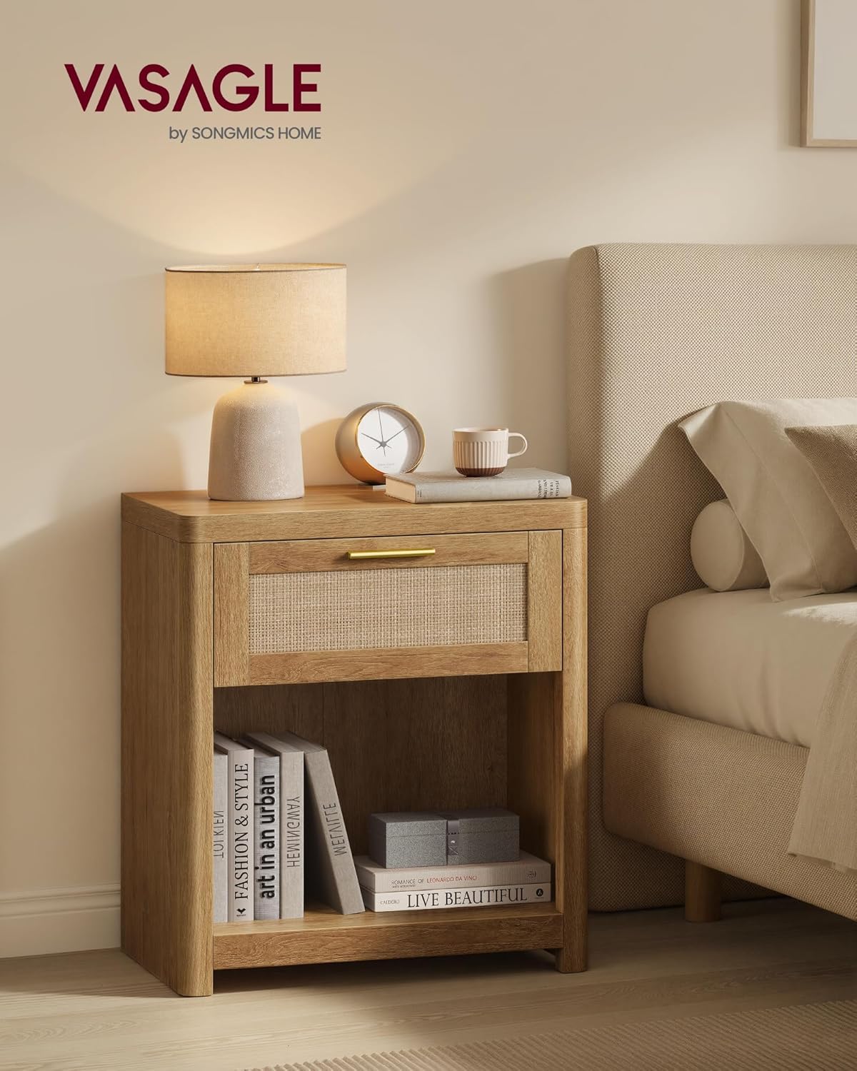 VASAGLE ELLAN Collection - Boho Nightstands with Rattan-Look Drawer, Set of 2 Accent Side End Tables with Open Compartment, Rounded Corners, for Bedroom Bedside, Natural Brown ULET818KC01