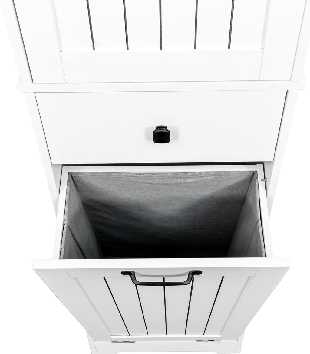 Laundry Cabinet with Doors and Shelf, Tilt-Out Laundry Hamper, Multiple Storage Space, Freestanding, Open Shelve, Adjustable Shelf, White, HU26041107 (11.81"x18.11"x70.87")