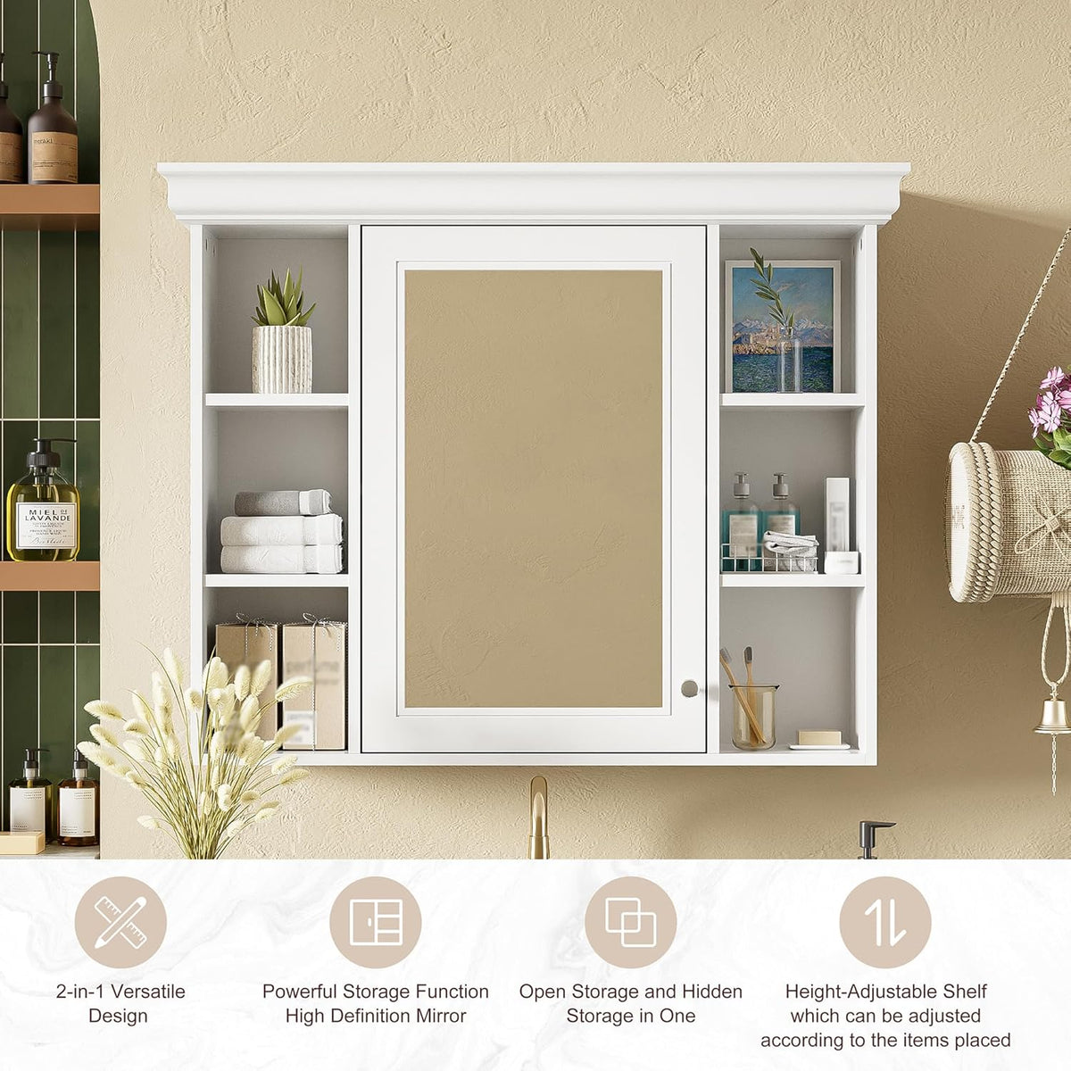 Merax Country Bathroom Medicine Cabinet with Mirror, Farmhouse Wall Mounted Medicine Cabinet with Door and Shelves, Over The Toilet Mirrored Bathroom Storage Wall Cabinet