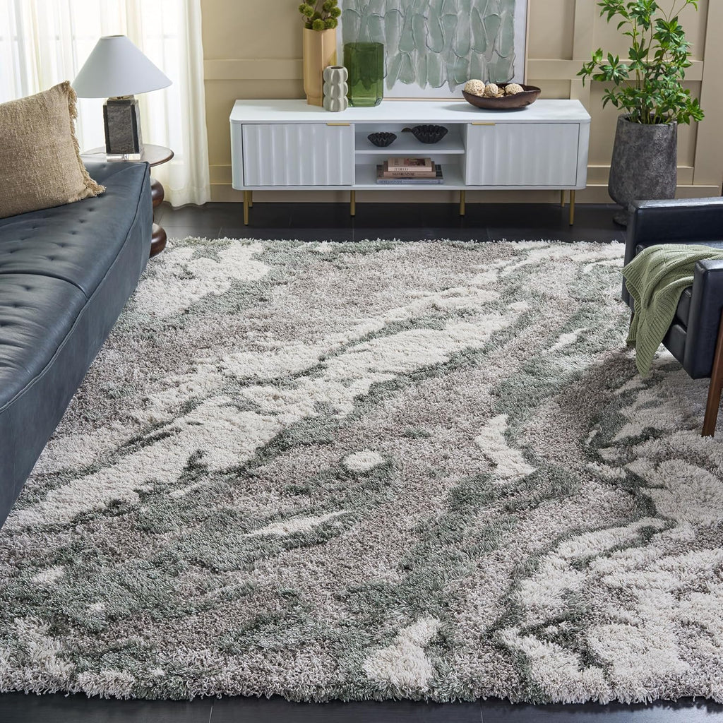 SAFAVIEH Horizon Shag Collection Area Rug - 9' x 12', Grey & Green, Modern Abstract Design, Non-Shedding & Easy Care, 2.6-inch Thick Ideal for High Traffic Areas in Living Room, Bedroom (HZN890Y)