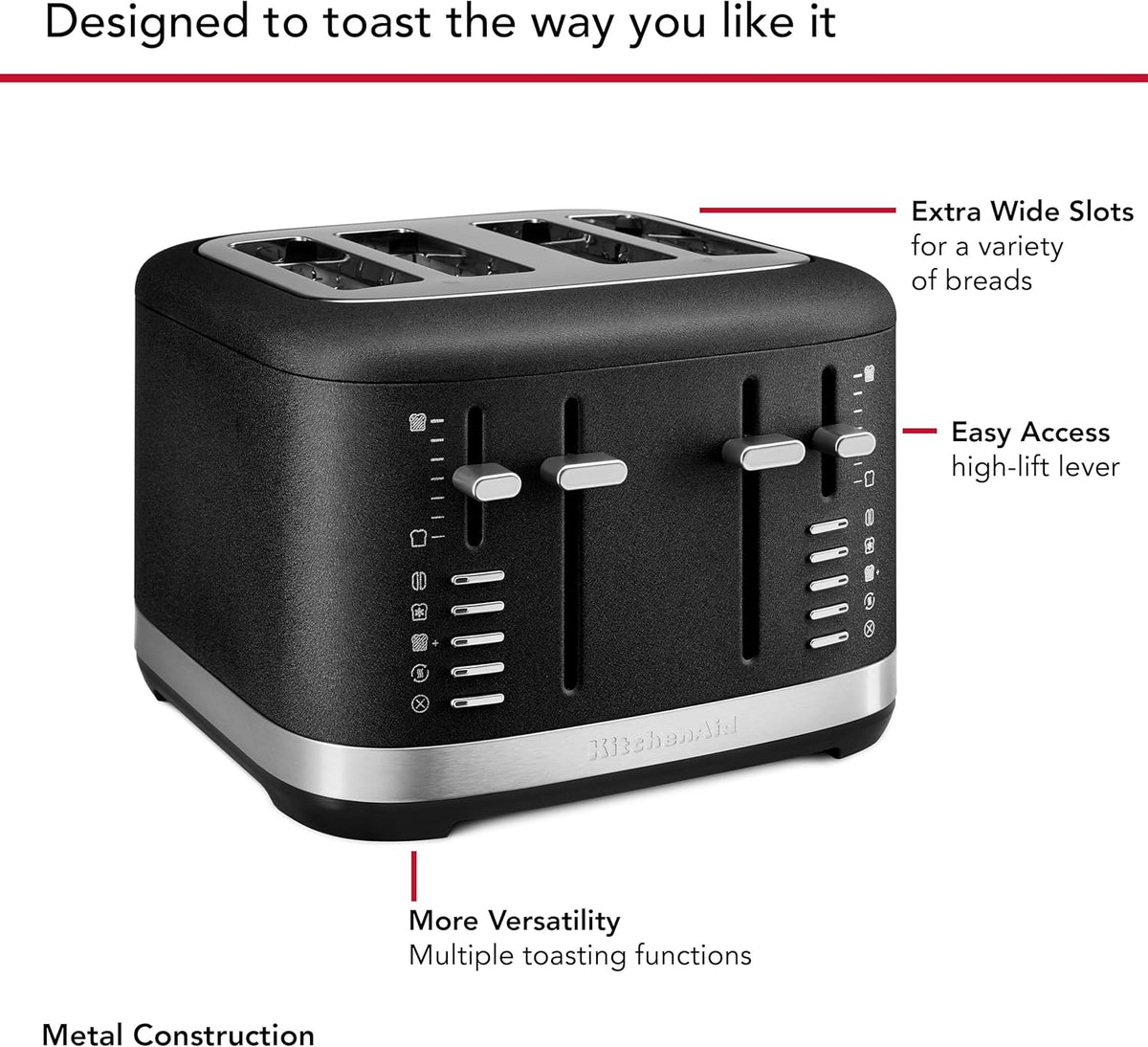 KitchenAid 4 Slice Automatic Toaster with Extra Wide Slots, KMT4109BK, Cast Iron Black