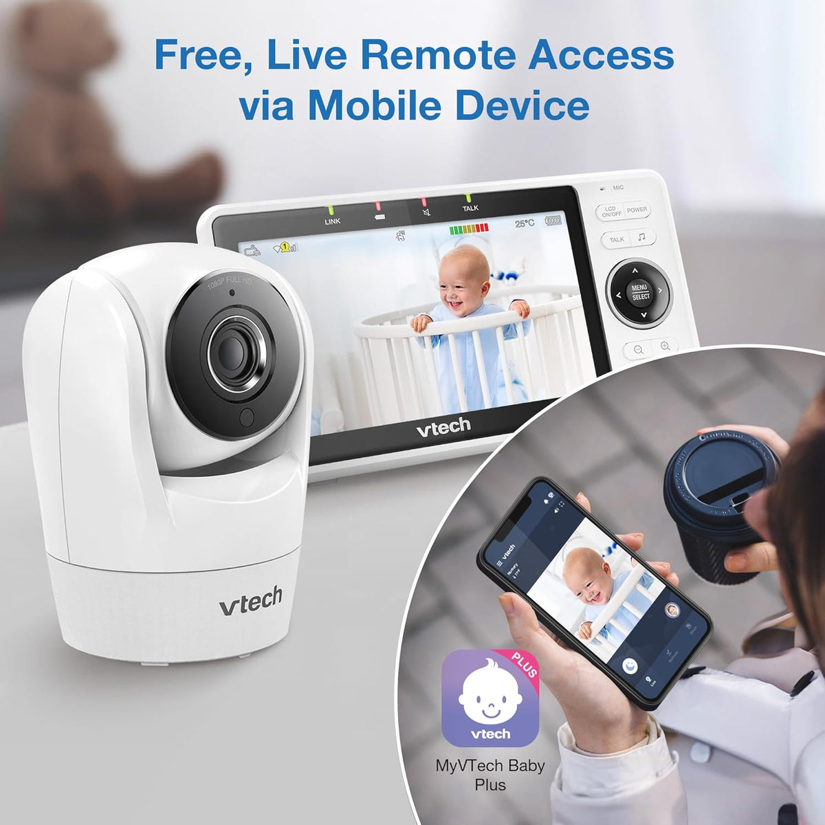 VTech WiFi Baby Monitor with Camera and Audio, 1080p Camera & 5" HD Screen – Remote Pan-Tilt-Zoom, Night Vision, Two-Way Talk, Motion Alerts, Free App | VM901