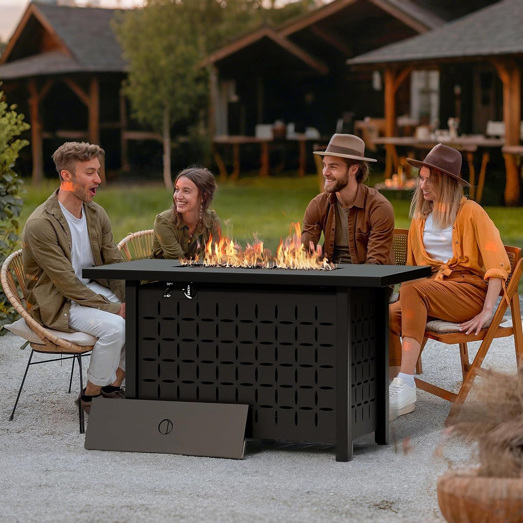 Vongrasig 43" Gas Fire Pit for Outside, 50,000 BTU Outdoor Propane Fire Pit Table with Lid & Lava Rock, Steel Rectangular Fire Table for Patio, Backyard, Deck, Garden, Black