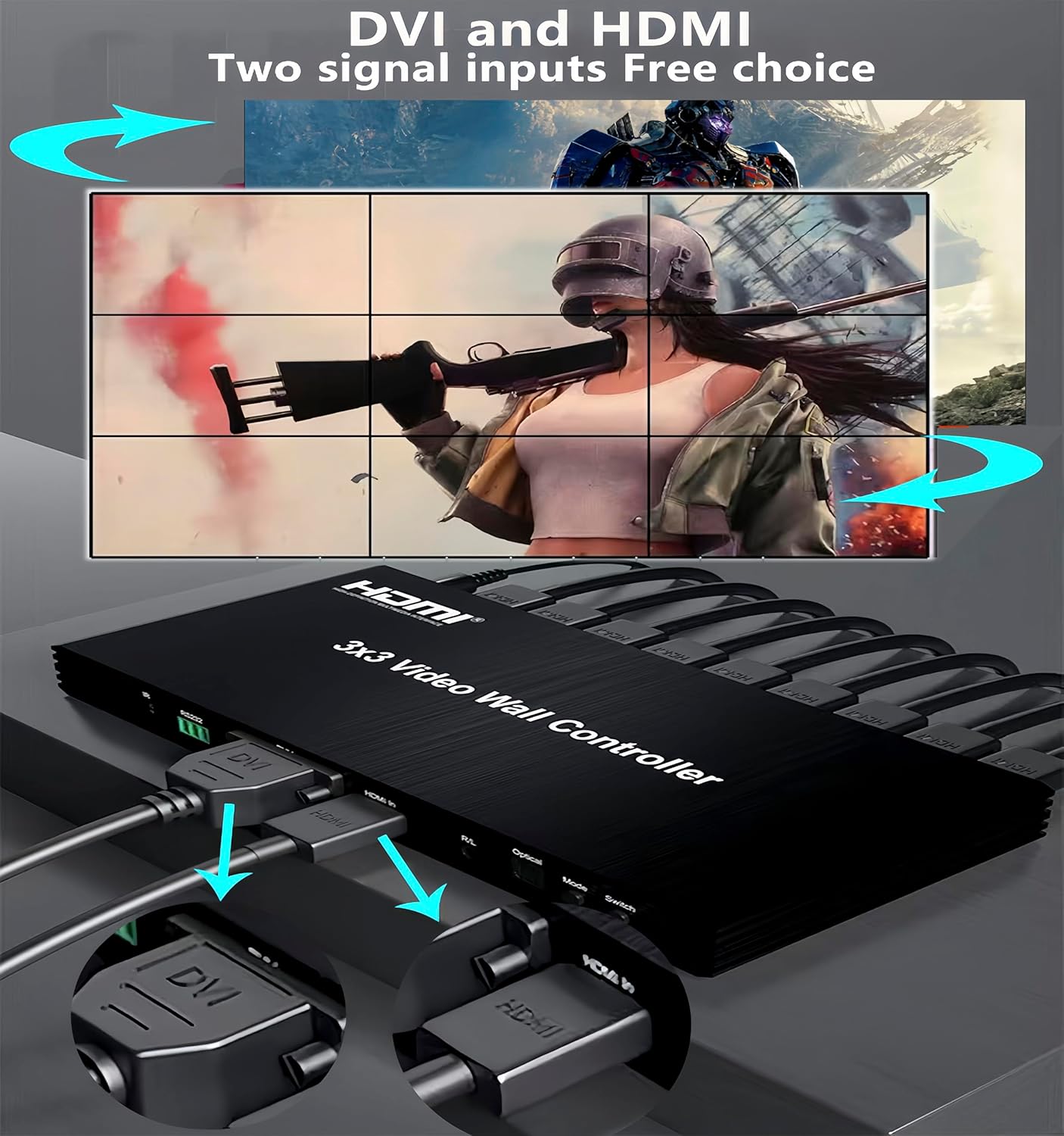 Video Wall Controller 3×3 HDMI Video Wall Splicing Processor 9-Channel TV Wall Controller 3x1 3x2 2×1 2x2 2x3 2x4 6×1 18 Modes With DVI Output Audio IR RS232 Buttons Push 9 Screens 1080P 60Hz 720P etc
