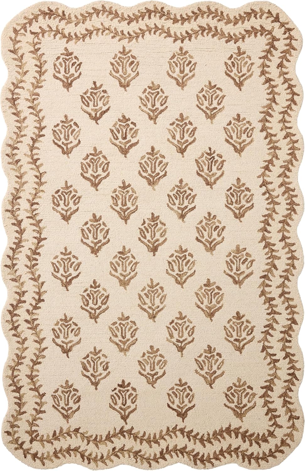 Loloi Rifle Paper Co. Lisette Collection LST-01 Ivory/Natural 7'-9" x 9'-9" Area Rug Wool, Natural, Scallop, Wavy, Floral, Textured, Living Room, Bedroom, Dining, Carpet