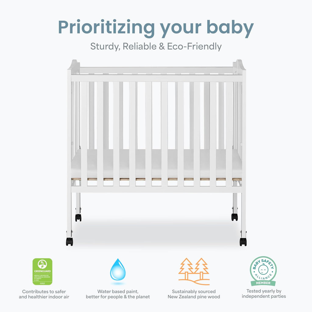 Dream On Me 2-In-1 Lightweight Folding Portable Stationary Side Crib In White, Greenguard Gold Certified, Baby Crib To Playpen, Folds Flat For Storage, Locking Wheels