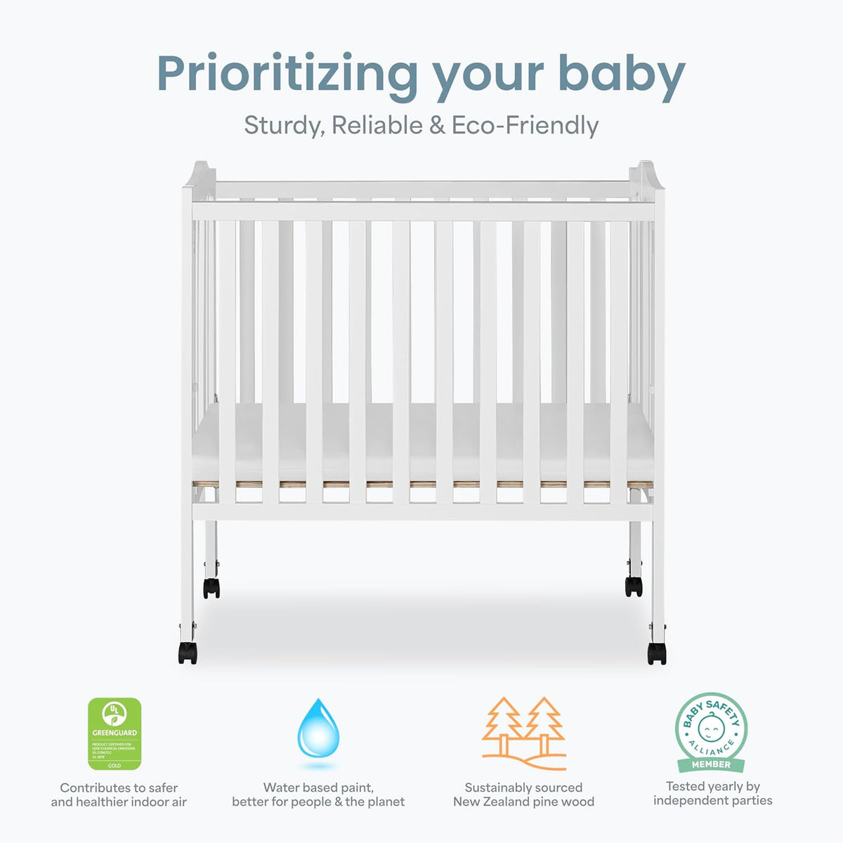 Dream On Me 2-In-1 Lightweight Folding Portable Stationary Side Crib In White, Greenguard Gold Certified, Baby Crib To Playpen, Folds Flat For Storage, Locking Wheels