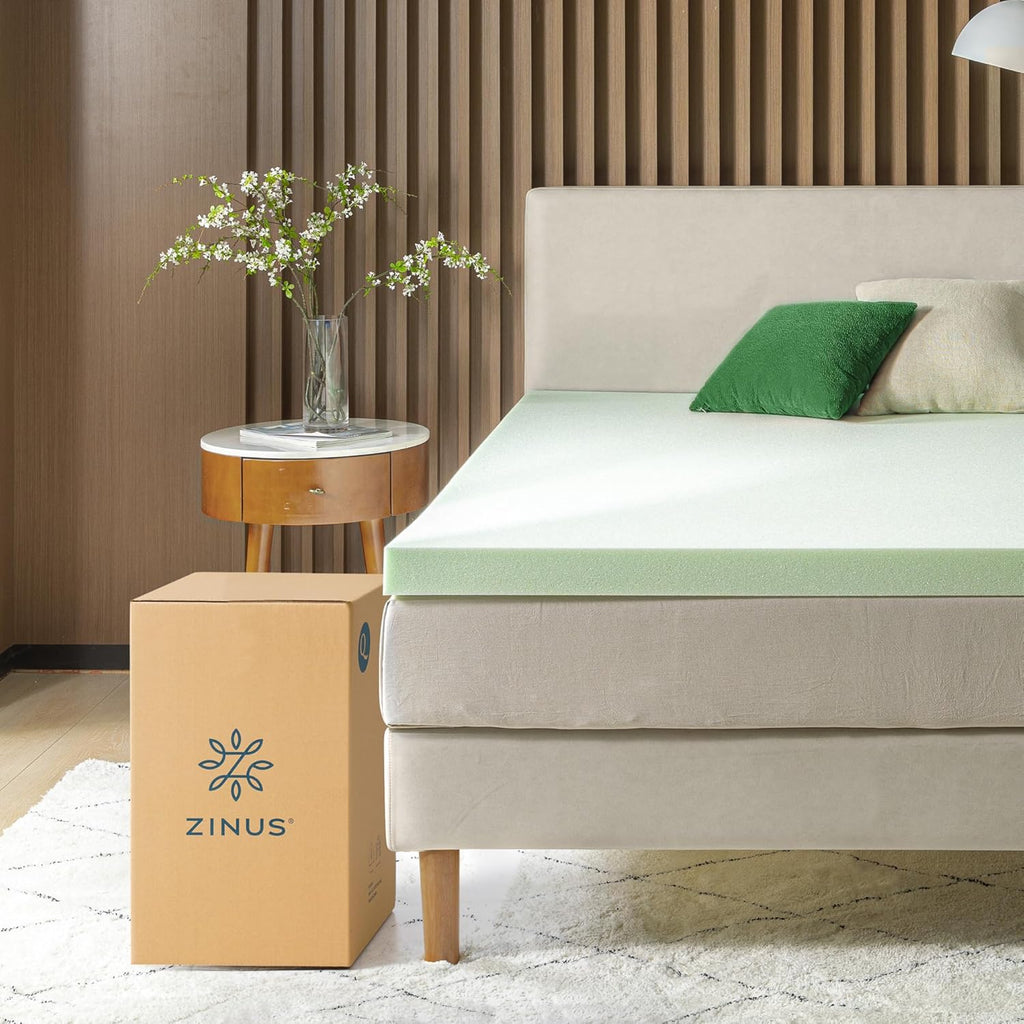 ZINUS 3 Inch Green Tea Memory Foam Mattress Topper, Pressure-Relieving Layer, Ideal for Back Pain Relief, Compact WONDERBOX Packaging, CertiPUR-US Certified, King