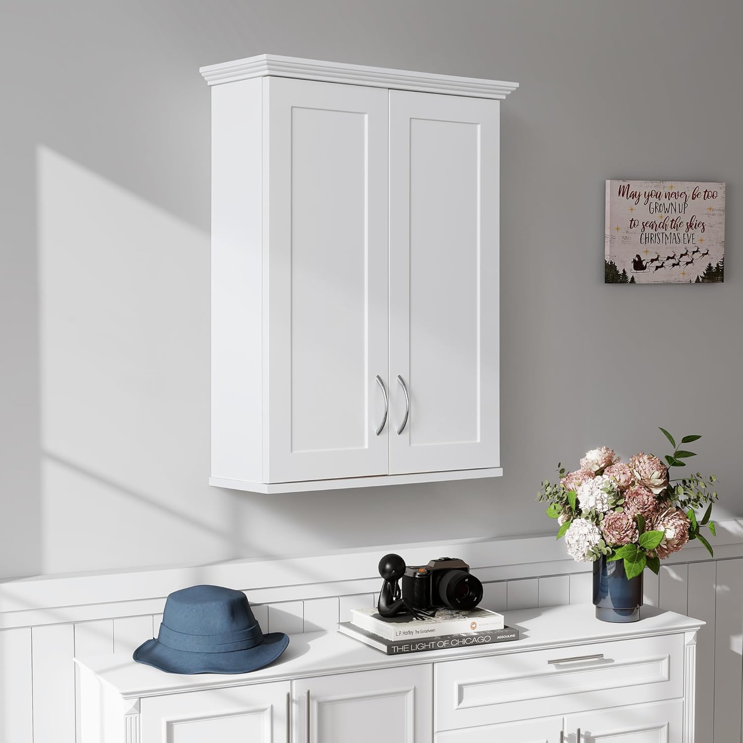 VANIRROR Medicine Cabinet -Bathroom Cabinet Wall Mount with DIY Lighting Unique Top and Dual-Tone Design, Over the Toilet Saver Storage Cabinets