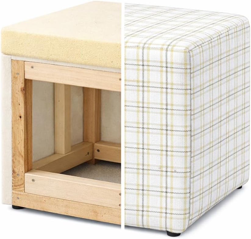 HomePop 19” Square Upholstered Ottoman with Solid & Engineered Wood Frame, Modern Cube Accent Stool for Living Room, Bedroom or Entryway - Natural Plaid Woven Fabric