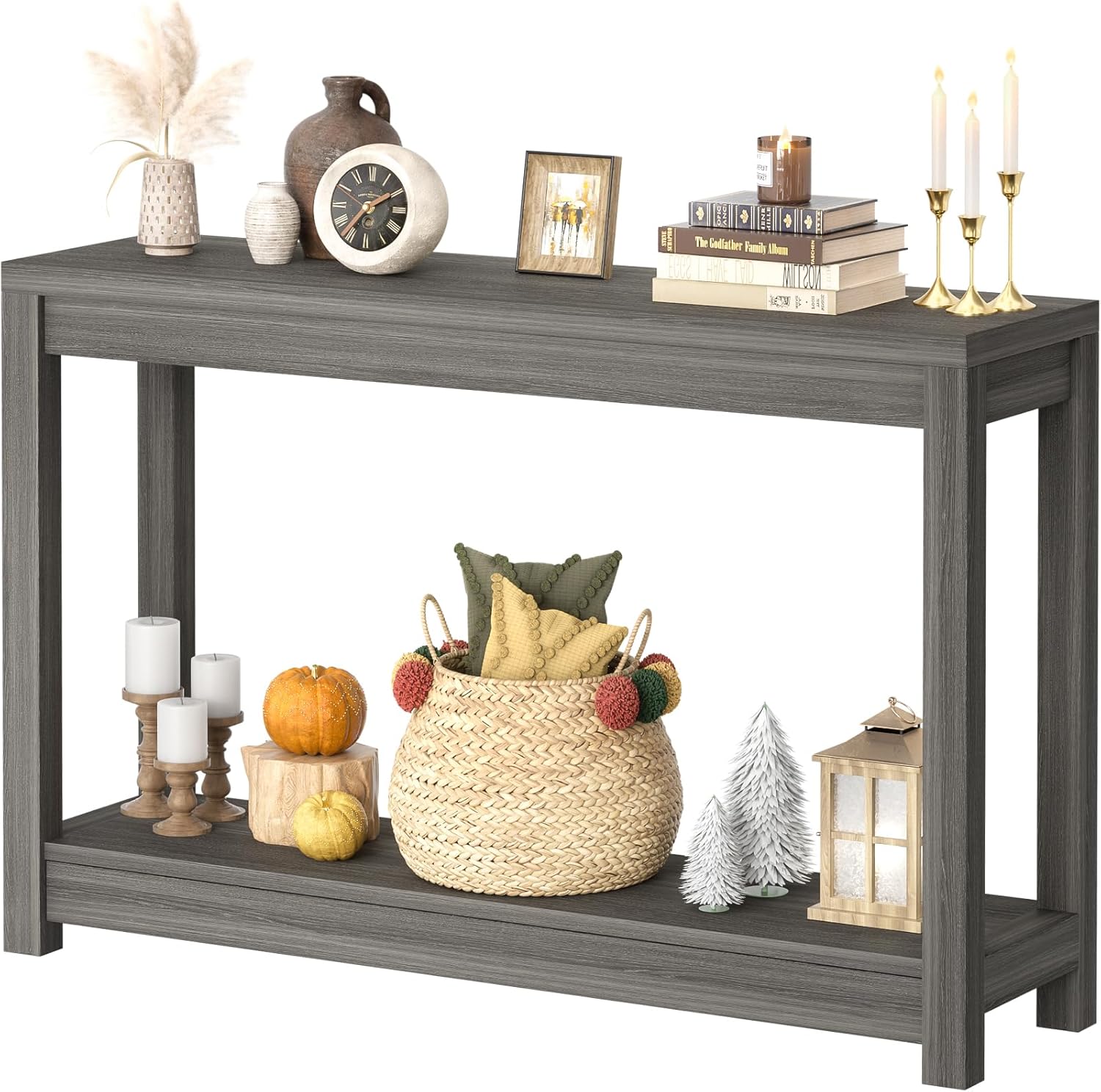 Besiost 47" Farmhouse Wood Entryway Table Narrow Console Table with Storage Behind Couch Sofa Table with Shelves Entry Way Table with Open Storage, Easy Assembly, Grey Walnut