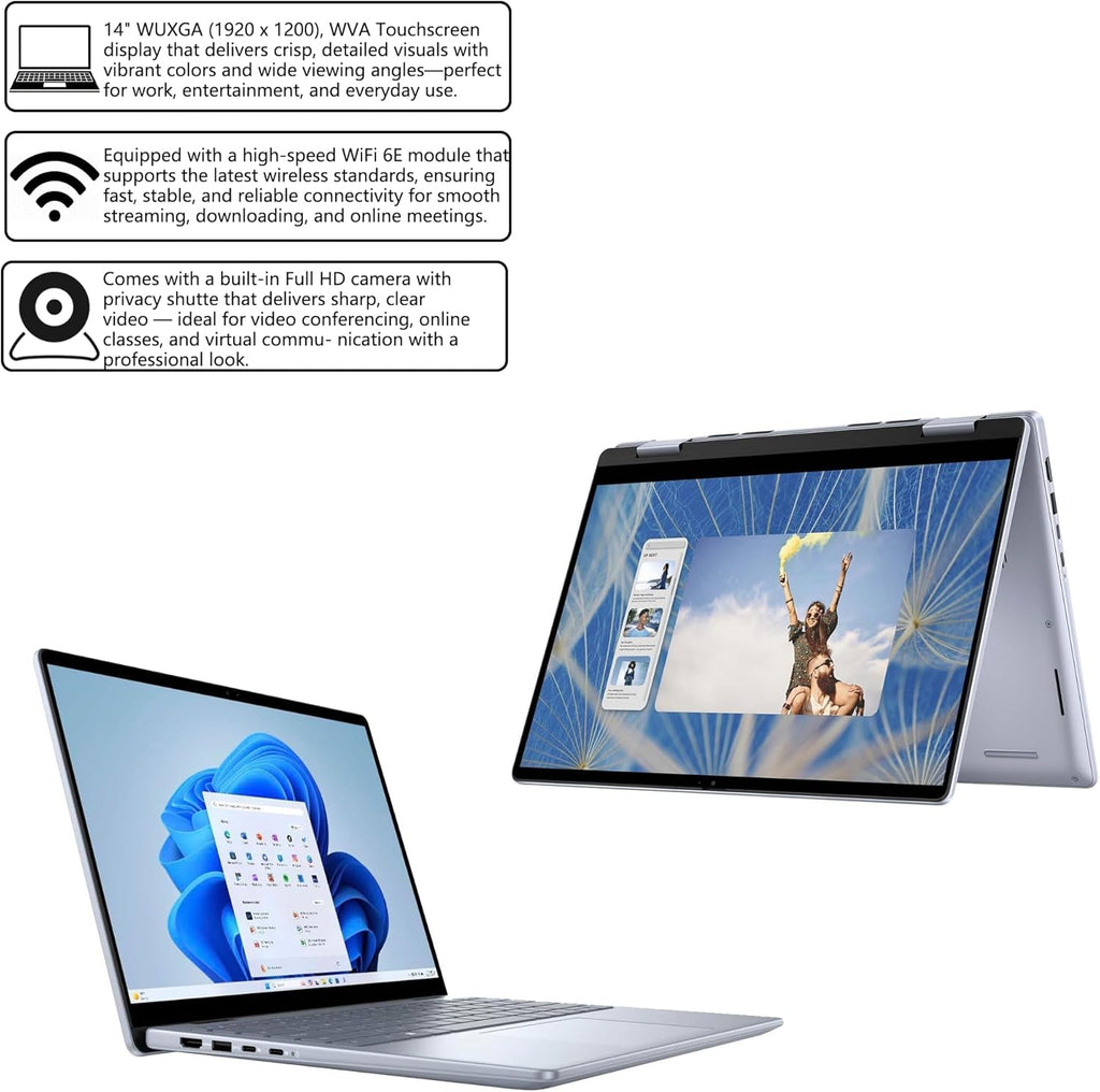 Dell Inspiron 14 7445 2-in-1 Laptop 14" WUXGA Comfortview Touchscreen AMD 6-core Ryzen 5 8640HS (>i7-1355U) 16GB RAM 1TB SSD Backlit for Creator Business Professional Work Win11
