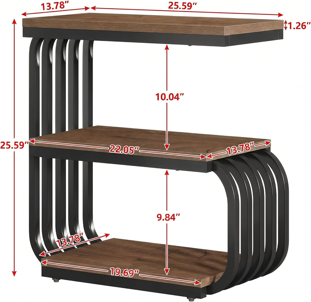 Tribesigns Small Narrow End Table with Storage Shelf, Industrial Side Tables with Curved Metal Frame, 3-Tier Accent Table and Nightstand for Living Room, Bedroom, Small Space (1, Brown)