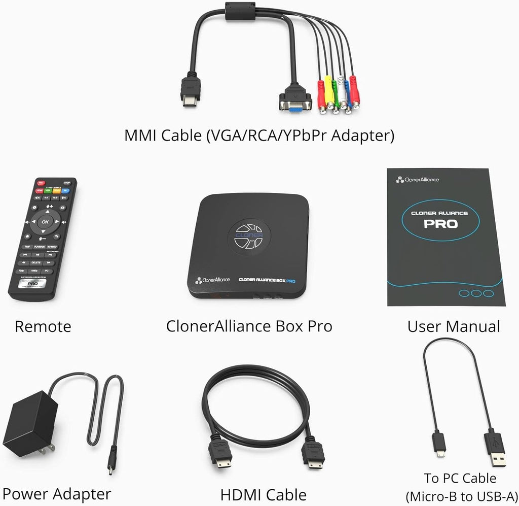 ClonerAlliance Box Pro, 1080p@60fps Video Recorder, DVR with HDMI Capture, Playback on TV. RCA/YPbPr/VGA to Digital Converter. Schedule Recording. No PC Required.