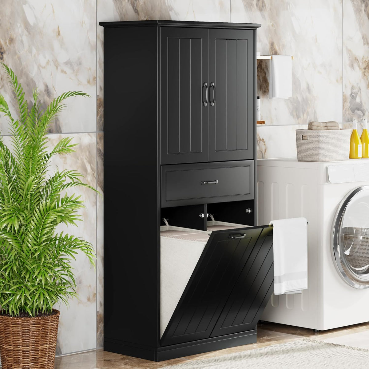 Virubi Tall Laundry Cabinet with 2 Tilt Out Laundry Hamper, Modern Wood Bathroom Storage Cabinet with Drawers, Doors and Adjustable Shelves for Home, Freestanding