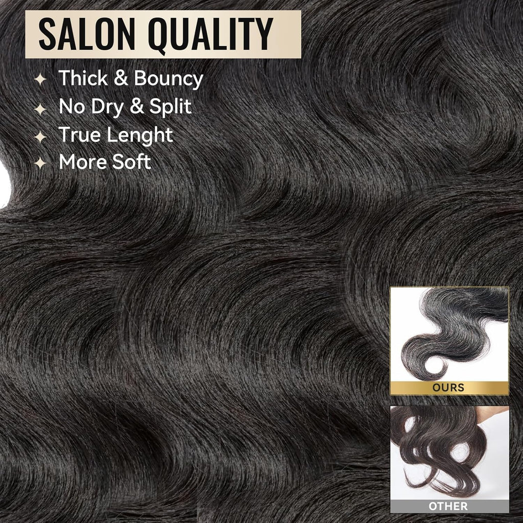 WEQUEEN Body Wave Bundles Human Hair 16A Brazilian Virgin Hair Bundles, Silky and Soft, 18 20 22 Inch Thick Weave Natural Black