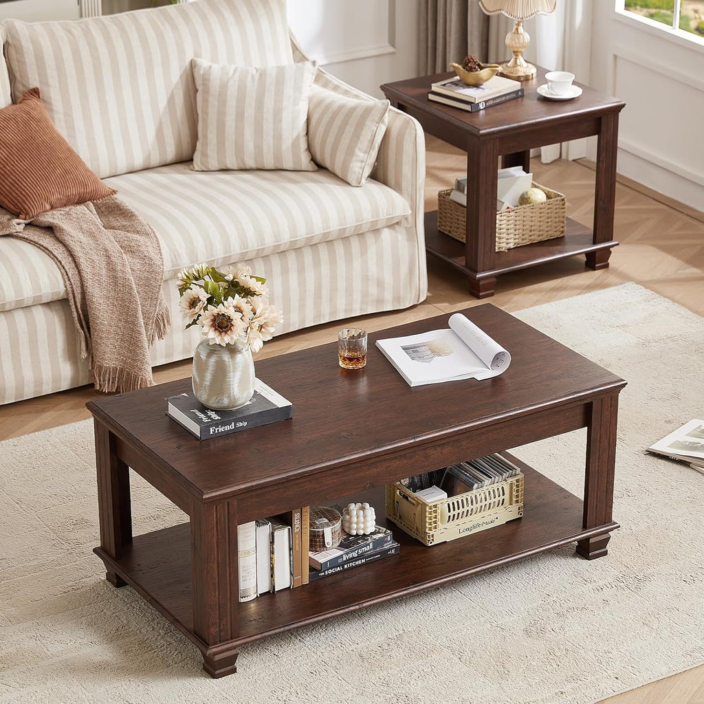 SAVOR LIFE Farmhouse TV Stand and Coffee Table Set 4, Rustic Wood Living Room Table Set with TV Console, Center Table, End Table Set of 2 for Living Room, Walnut