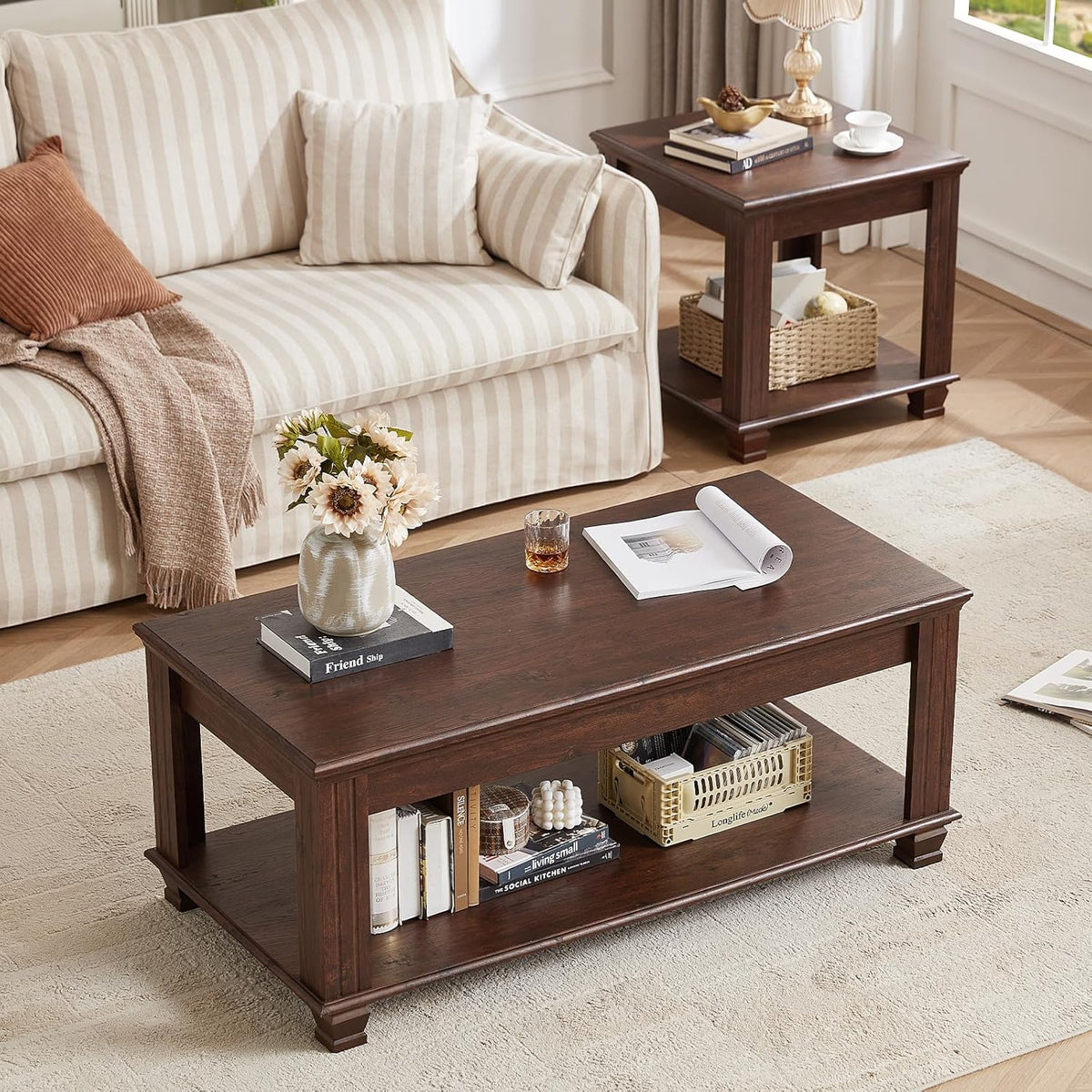 SAVOR LIFE Farmhouse TV Stand and Coffee Table Set 4, Rustic Wood Living Room Table Set with TV Console, Center Table, End Table Set of 2 for Living Room, Walnut