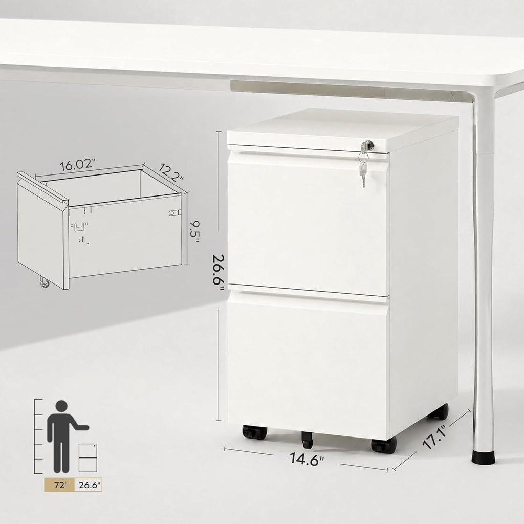 DEVAISE 2 Drawer Mobile File Cabinet with Lock, Commercial Vertical Metal Filing Cabinet for Home Office, Fully Assembled Except Casters, White