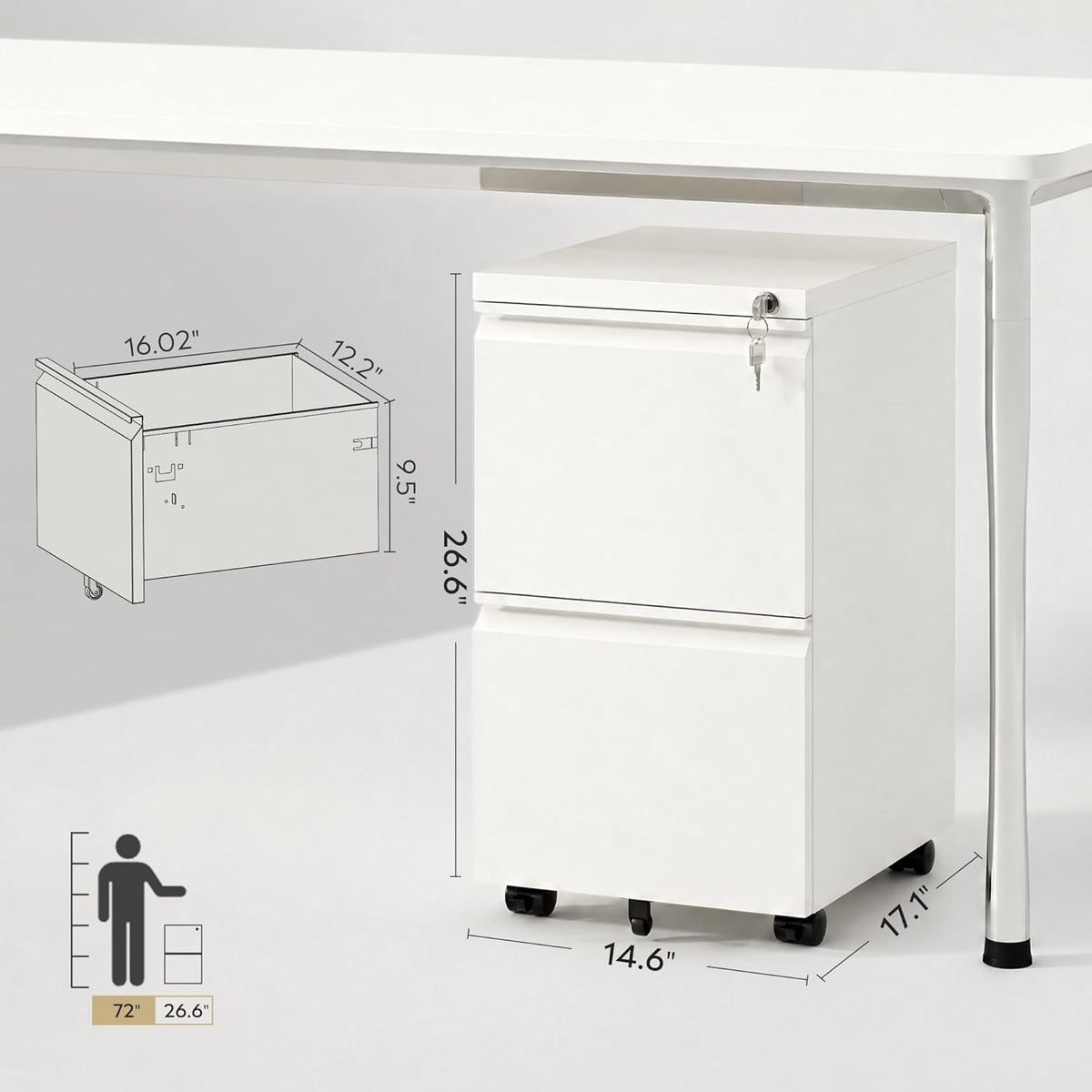 DEVAISE 2 Drawer Mobile File Cabinet with Lock, Commercial Vertical Metal Filing Cabinet for Home Office, Fully Assembled Except Casters, White