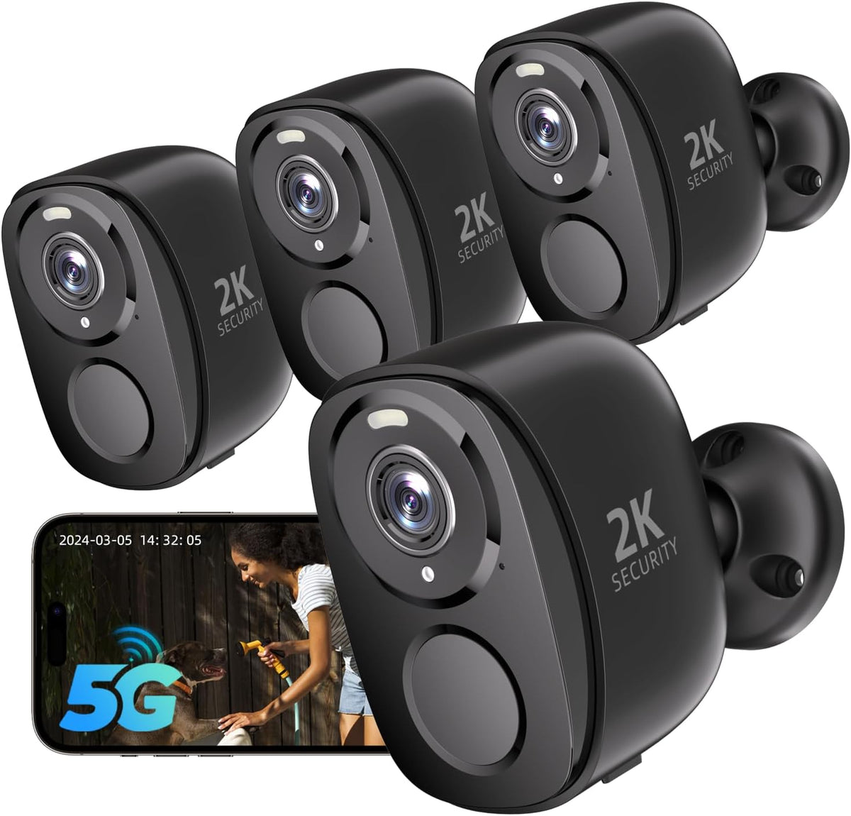 Rraycom 4Pack 5G/2.4G Security Cameras Wireless Outdoor,2K Battery Powered AI Motion Detection Siren Alarm WiFi Home Indoor Camera, Color Night Vision, 2-Way Talk, Waterproof, Works w/Alexa, Cloud/SD